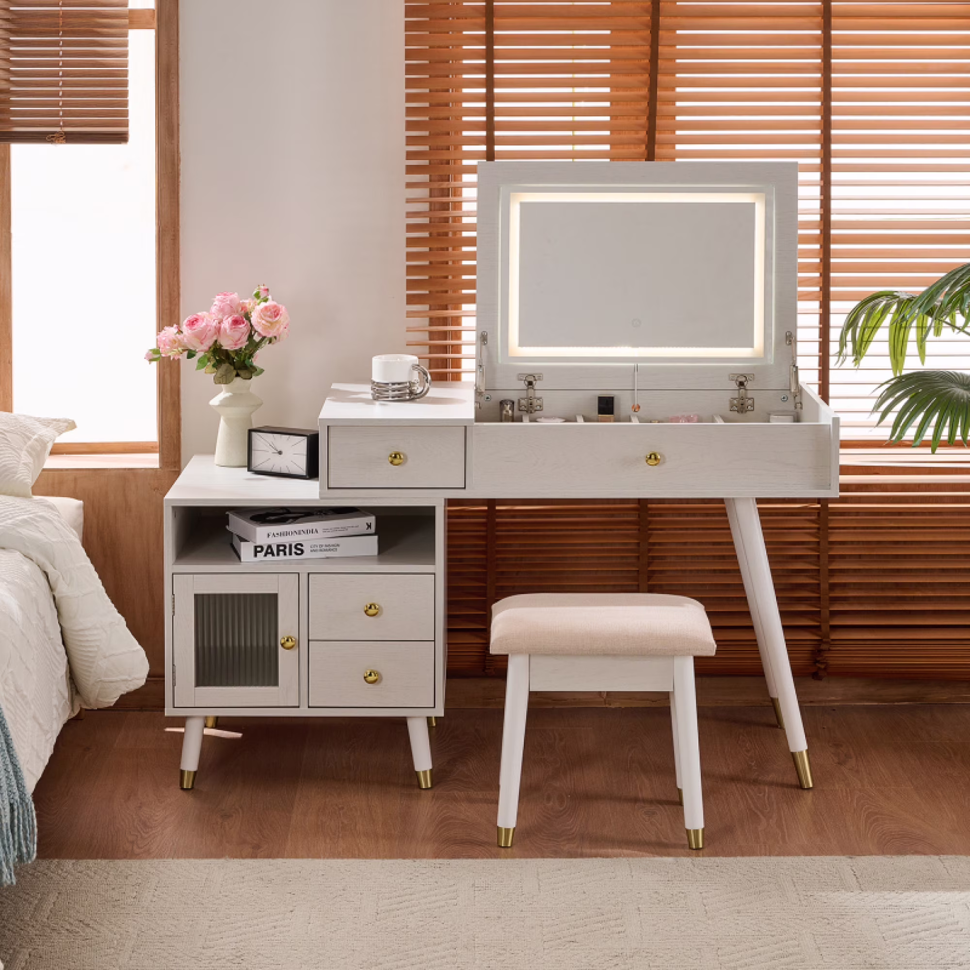 3-in-1 Vanity Desk with Lighted Flip-Top Mirror Adjustable Cabinet, Makeup Dressing Table with Stool, Dresser with Drawers for Bedroom, White(White)