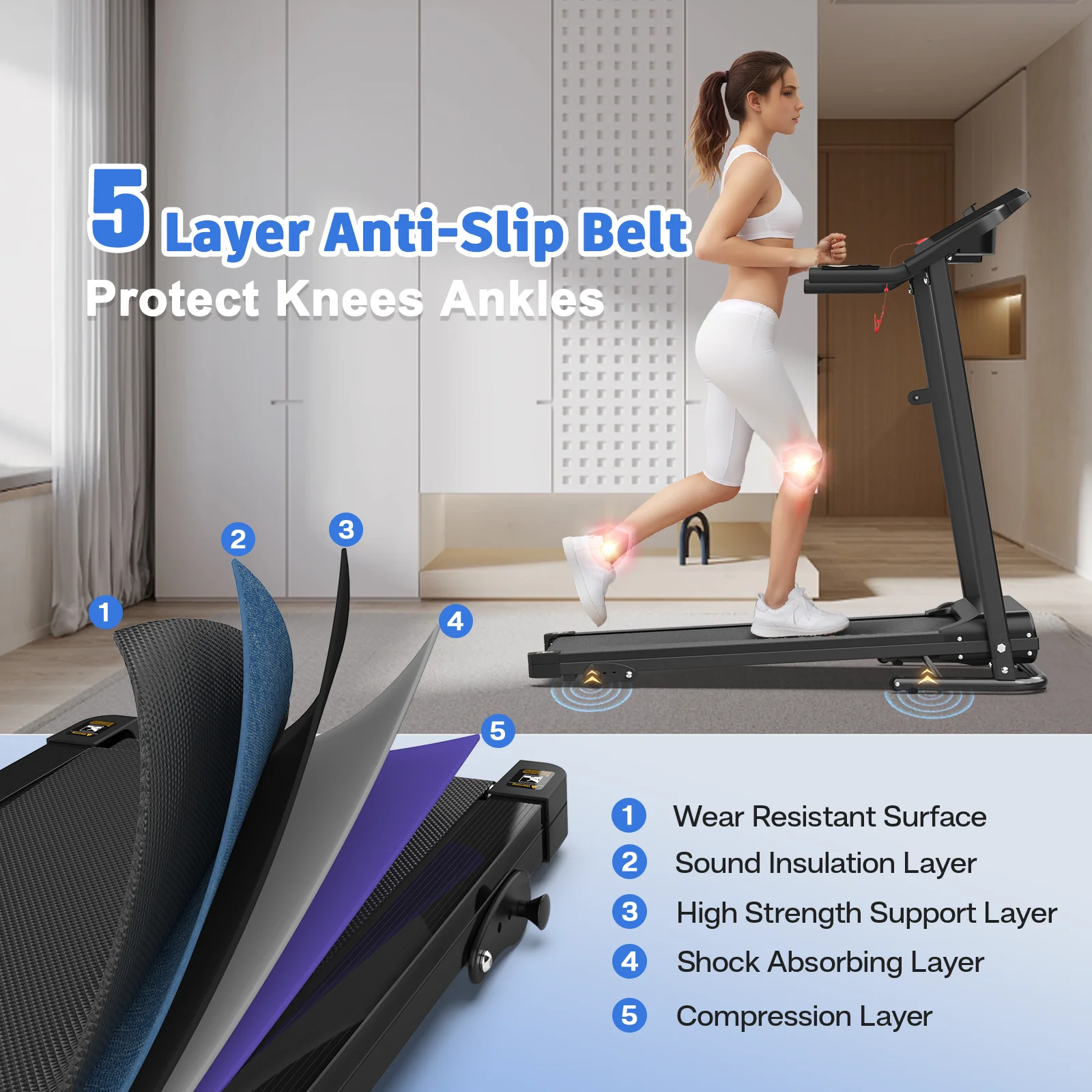 Foldable Electric Treadmill for Home, 2.5HP Quiet Brushless Folding Treadmill, 7.5 MPH, LCD Display, Heart Rate Sensor (Black)(MODEL 2 Black) - Image 2