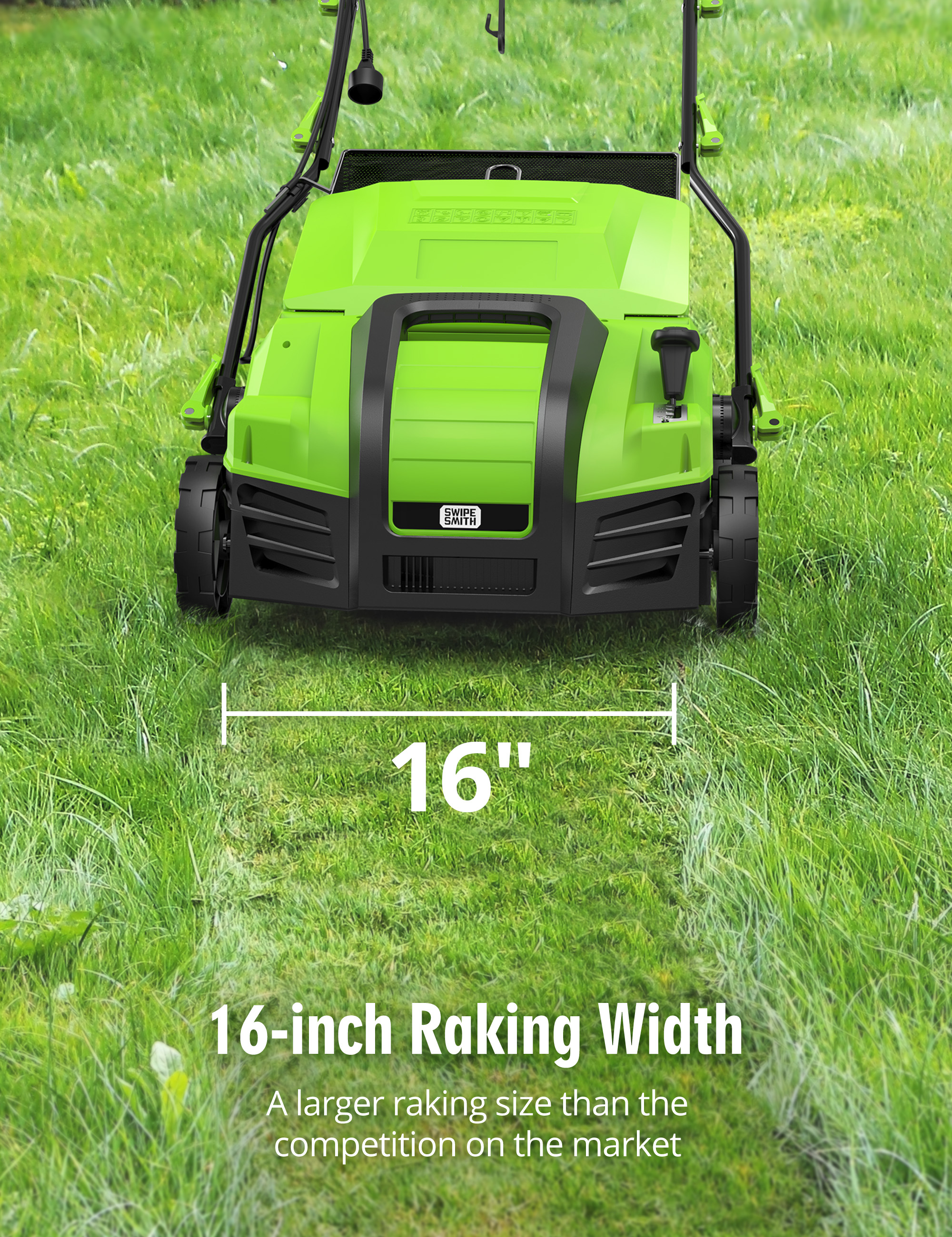 SWIPESMITH 16 15 Amp Electric Dethatcher Scarifier, Lawn with 5 - Position Depth Adjustment, 14.5 Gal Removable Thatch Collection Bag, Quick - Fold, Keeps Health