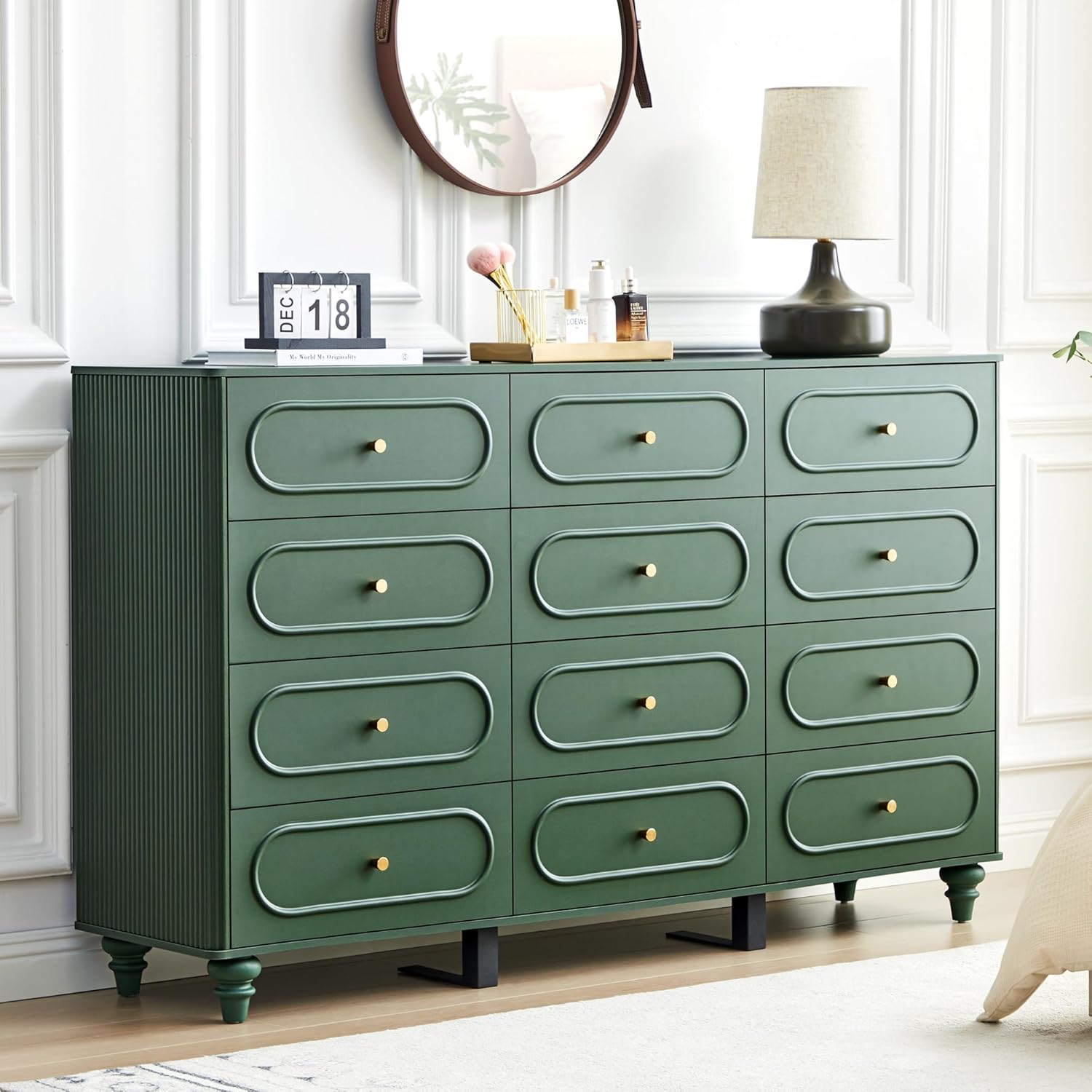 ORRD 12 Drawer Fluted Dresser for Bedroom, Mid Century Modern Chest of Drawers, Wood Storage Small Dresser Organizer for Bedroom Living Room Hallway Closet, Green