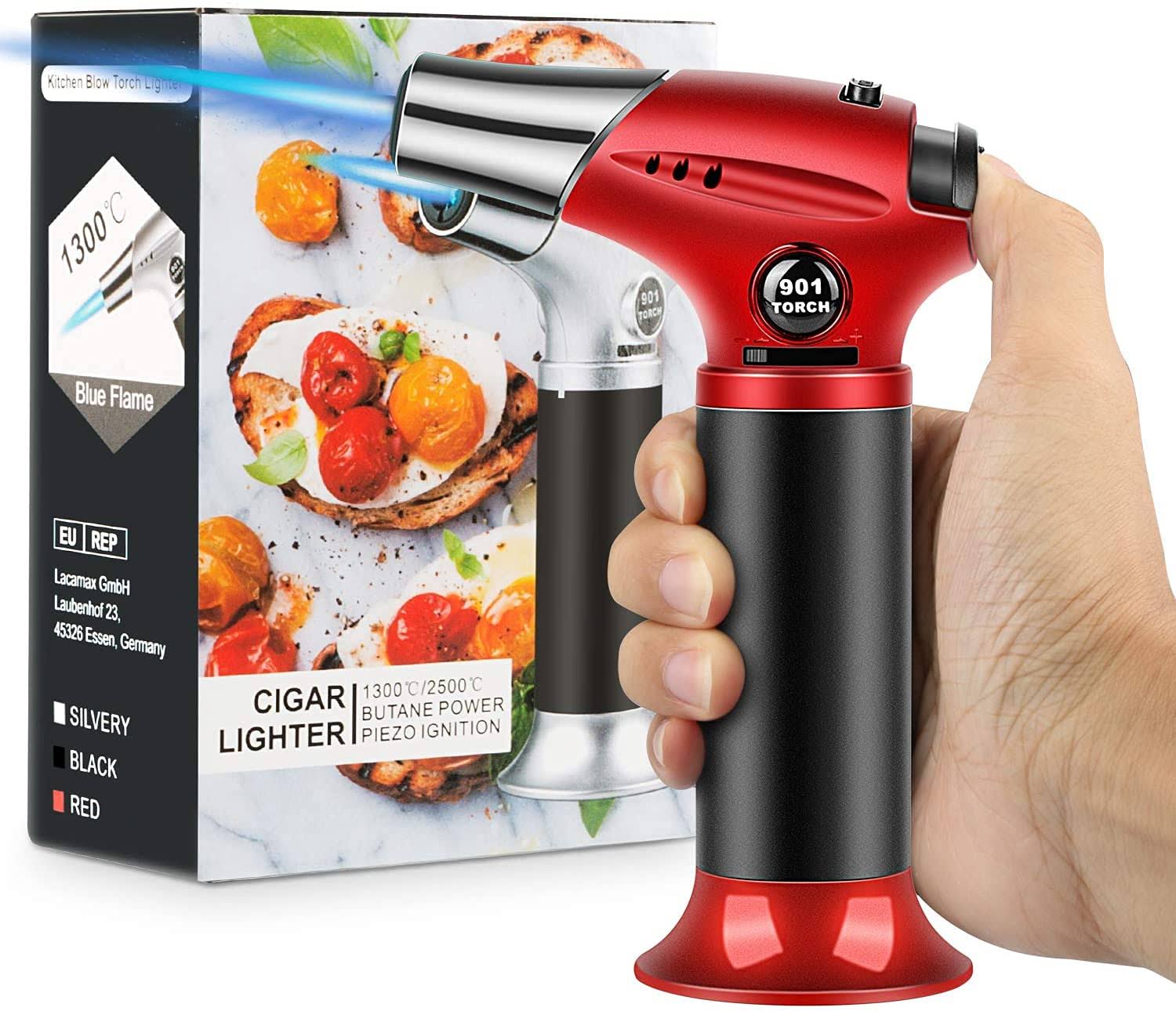 Tencoz Blow Torch Professional Kitchen Cooking Torch with Lock Adjustable Flame Refillable Mini Blow Torch Lighter for BBQ Baking Brulee Creme Crafts