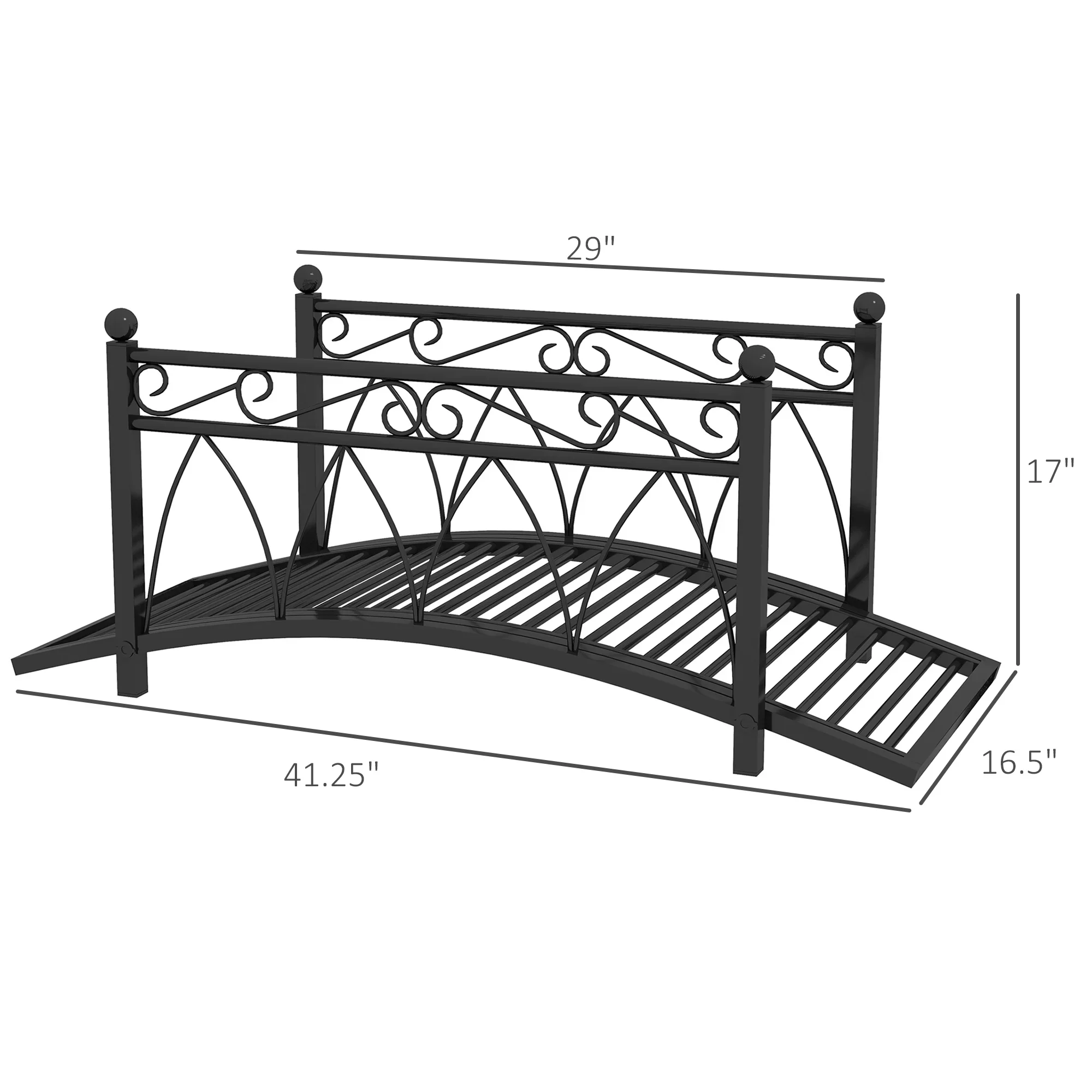 Outsunny 3.3' Metal Arch Zen Garden Bridge with Safety Siderails, Decorative Footbridge, Delicate Scrollwork & Corner Spheres for Stream, Black