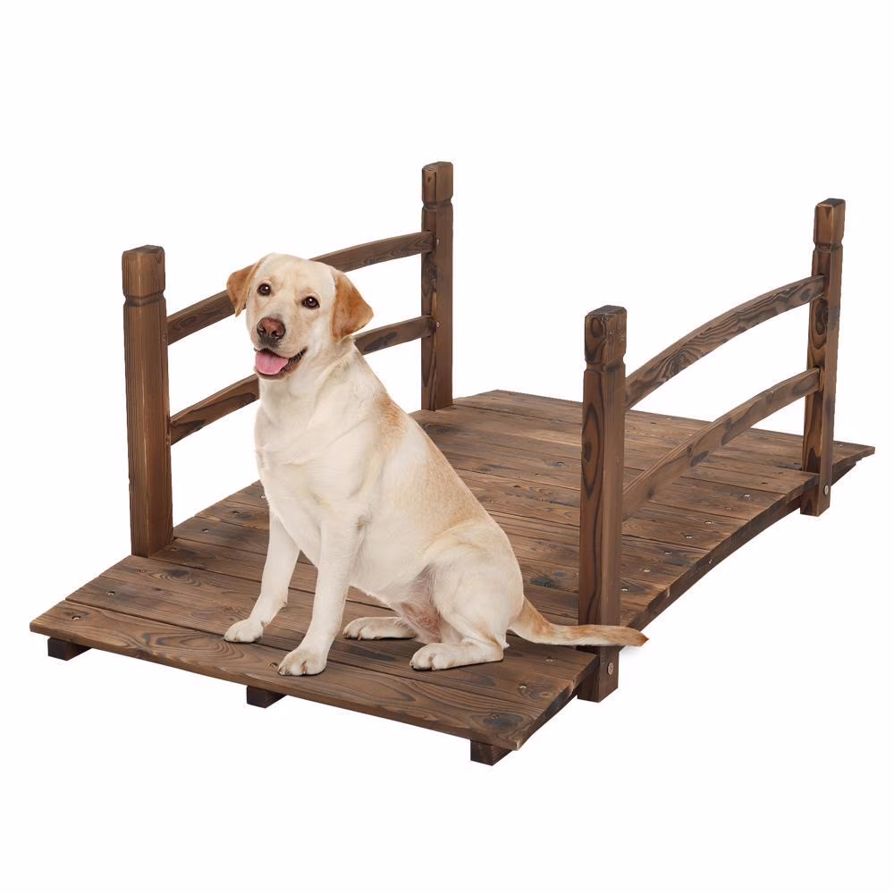 BNDFTF 4-foot Carbonized Fir Garden Wooden Bridge with Safety Guardrail - Arched Trail Decorative Wooden Bridge Suitable for Courtyards, Koi Pools, or Weddings, with a Load Capacity of 400 lb