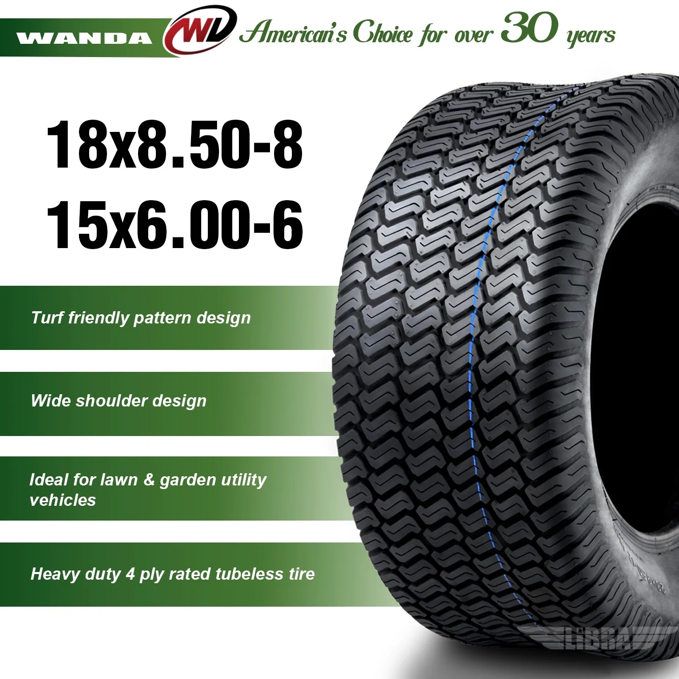 Set of 4 New Lawn Mower Turf Tires 15x6 - 6 Front & 18x8.5 - 8 Rear /4PR - 13016/28
