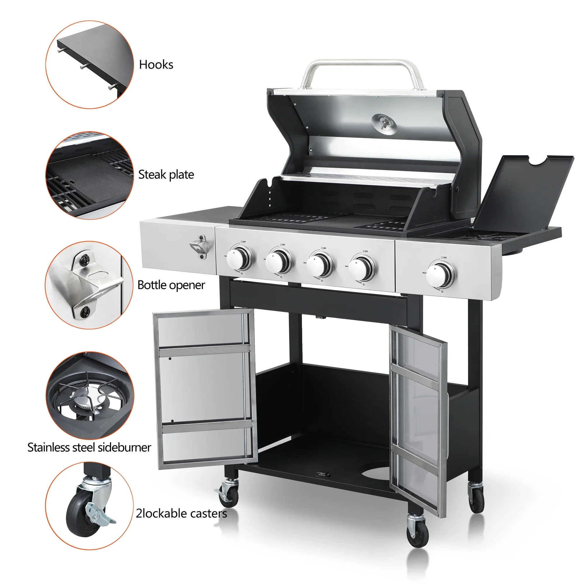 Kosynda 4-Burner Propane Gas BBQ Grill with Side Burner, 46790BTU Stainless Steel Grill Patio Garden Barbecue Grill for Outdoor Cooking, Silver