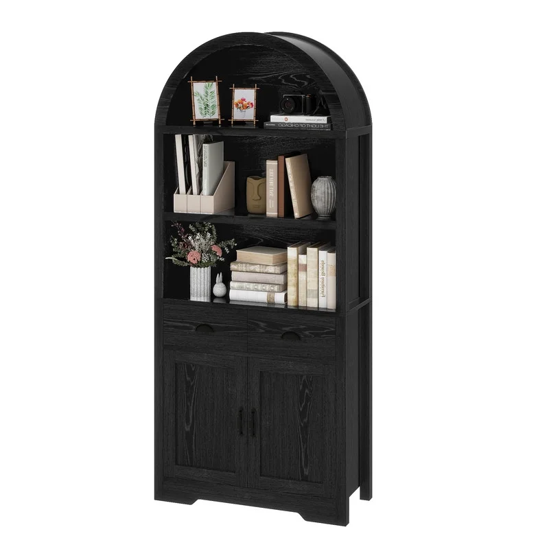 71 " Tall Bookshelf with Storage, Wooden Arched Bookcase with 2 Drawers and Shelves for Living Room, Black - Image 2