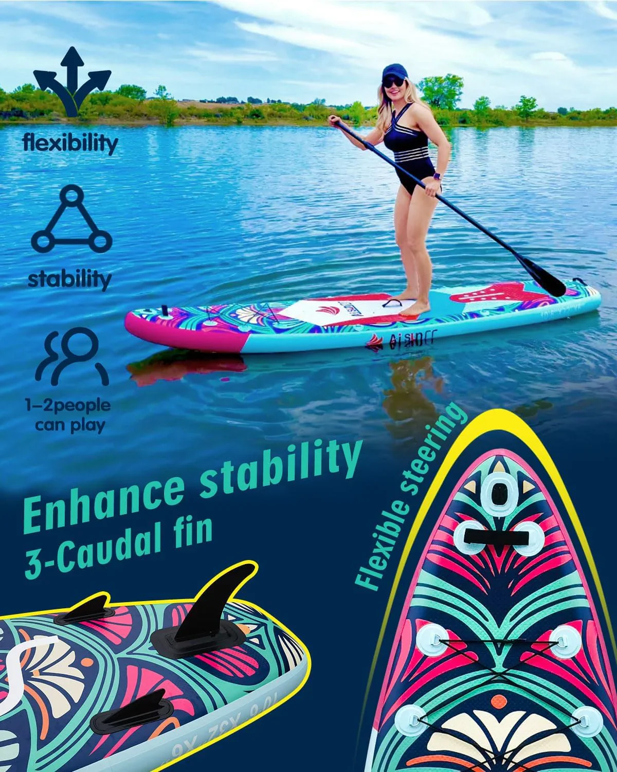 Planche de SUP gonflable large avec sac de transport, pompe à main et sac étanche de 10 L