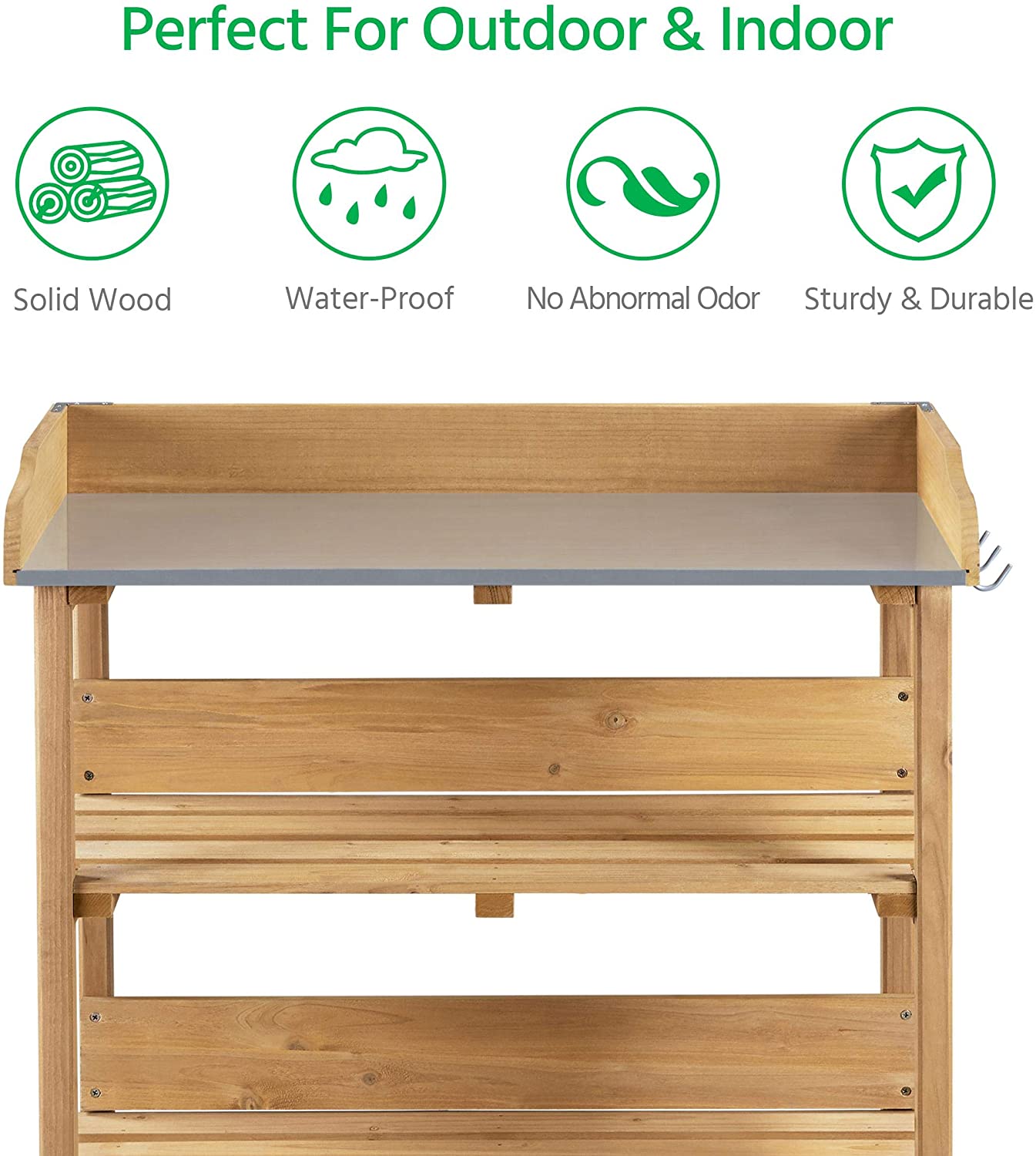 Outdoor Garden Potting Bench Table Wooden Horticulture Planting Worstation w/Metal Tabletop/Storage Shelf/3 Hooks, Natural Wood - Image 5