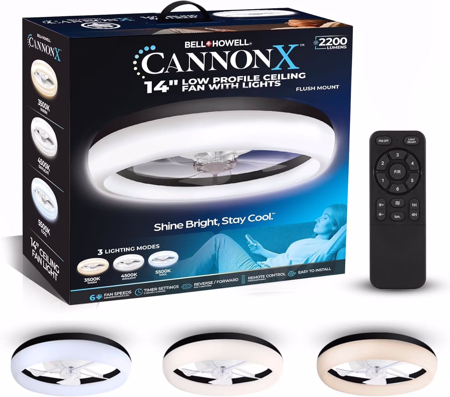 14�� Low Profile Ceiling Fans with Lights and Remote, Modern Fandelier Ceiling Fan with Light, 6 Speeds, 3 Lighting Modes 3500K-5500K, Flush Mount for Bedroom, LED 2200 Lumens