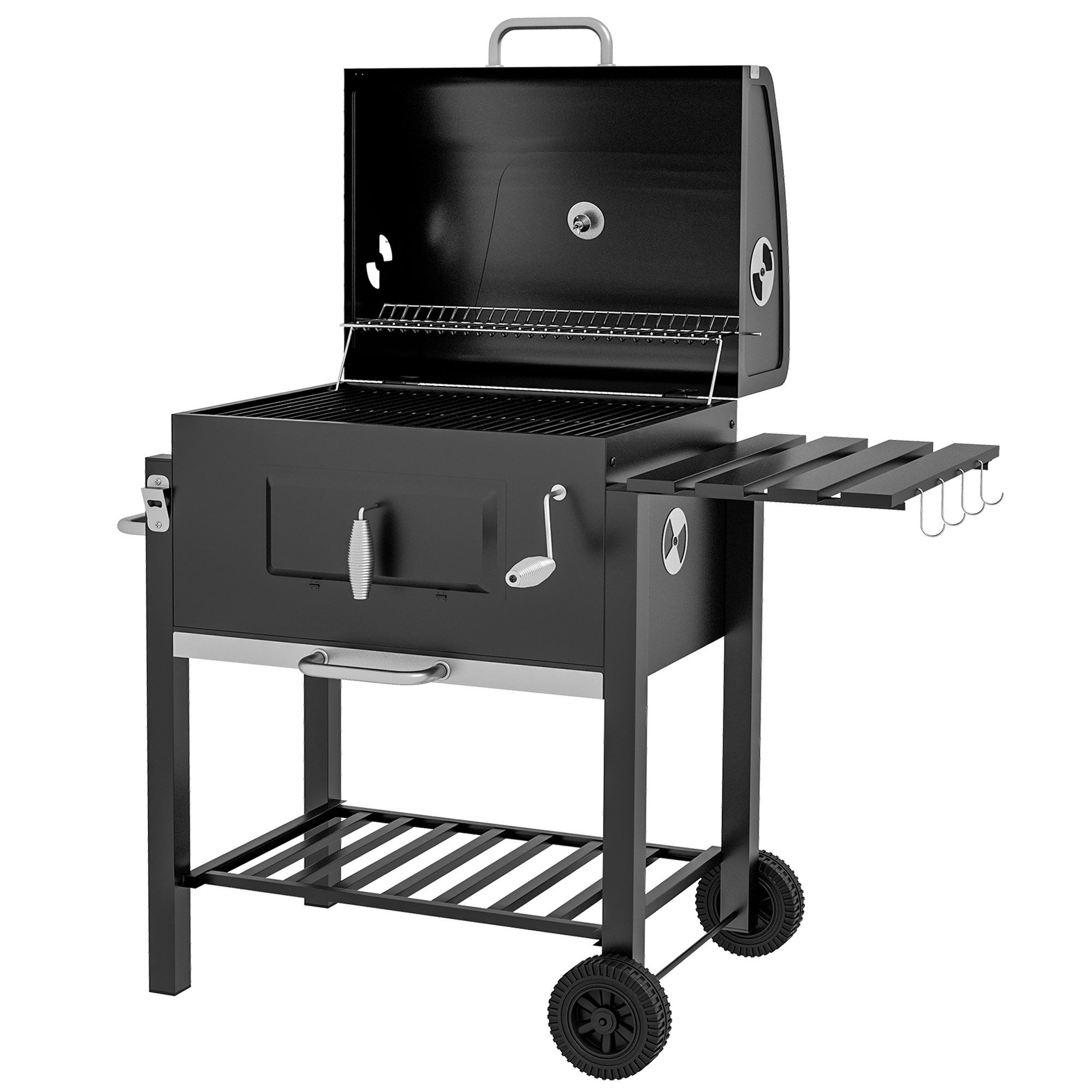 Outsunny Houtskoolbarbecue Smoker BBQ-Smoker, 1 Opbergruimte, 1 Handdoekhouder, 2 Grillroosters, 113 cm x 65 cm x 108 cm, Zwart