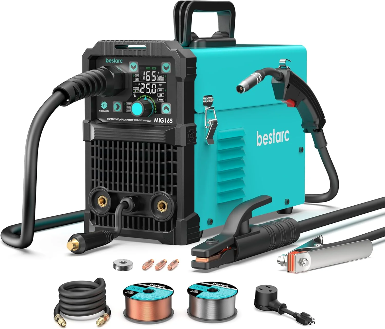 Poste à souder MIG 145 A, double tension 110 V/220 V, compatible avec les soudures à fil fourré (avec ou sans gaz), TIG Lift et électrode enrobée. Machine à souder 3 en 1 Synergic MIG145 9GEN, avec écran numérique.