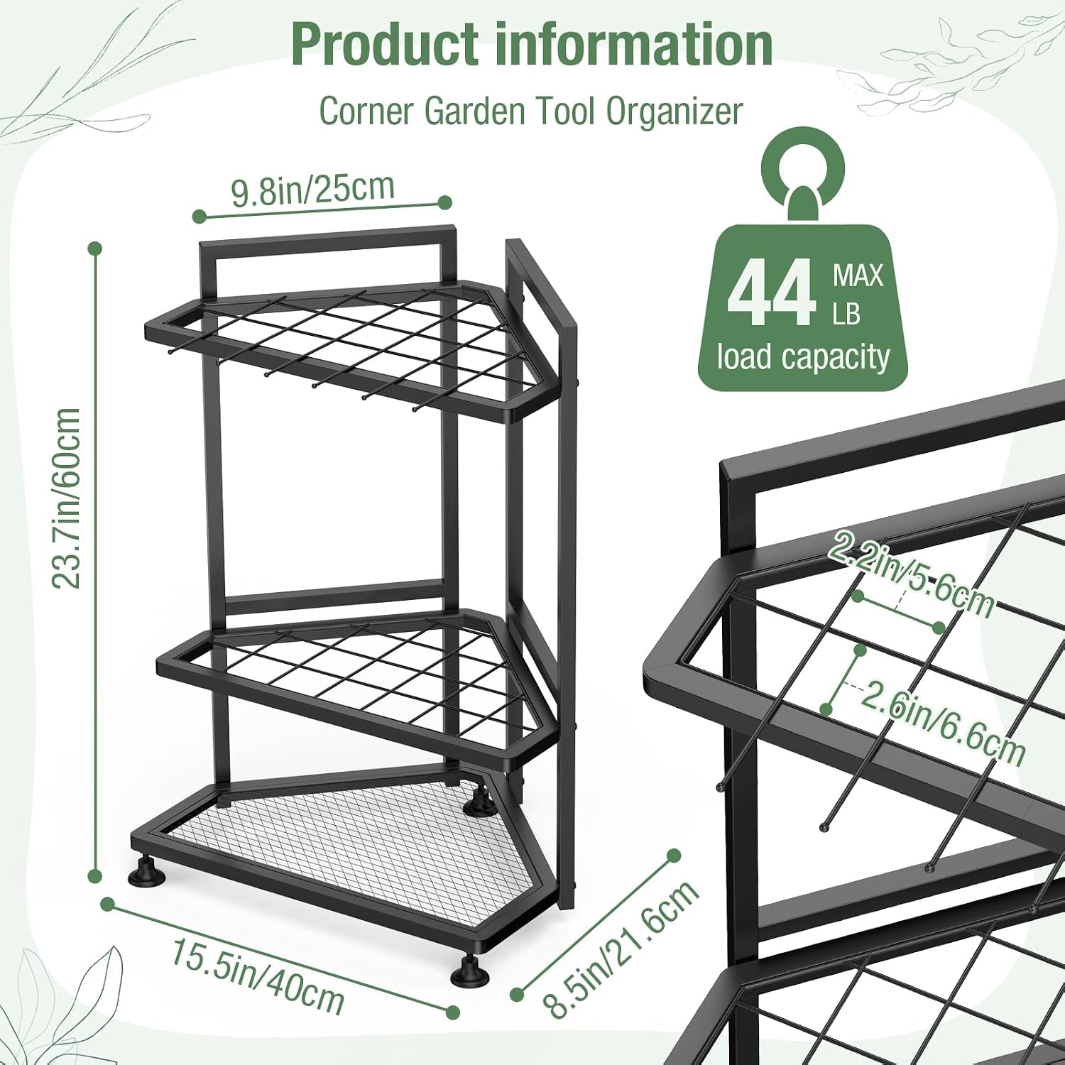 Garden Tool Organizer for Corner, Metal Yard Tool Organizer for Long-Handled Tools/Rakes/Brooms, Side Garden Pocket, Heavy Duty Steel Yard Tool Storage Rack for Garage, Shed, Outdoor