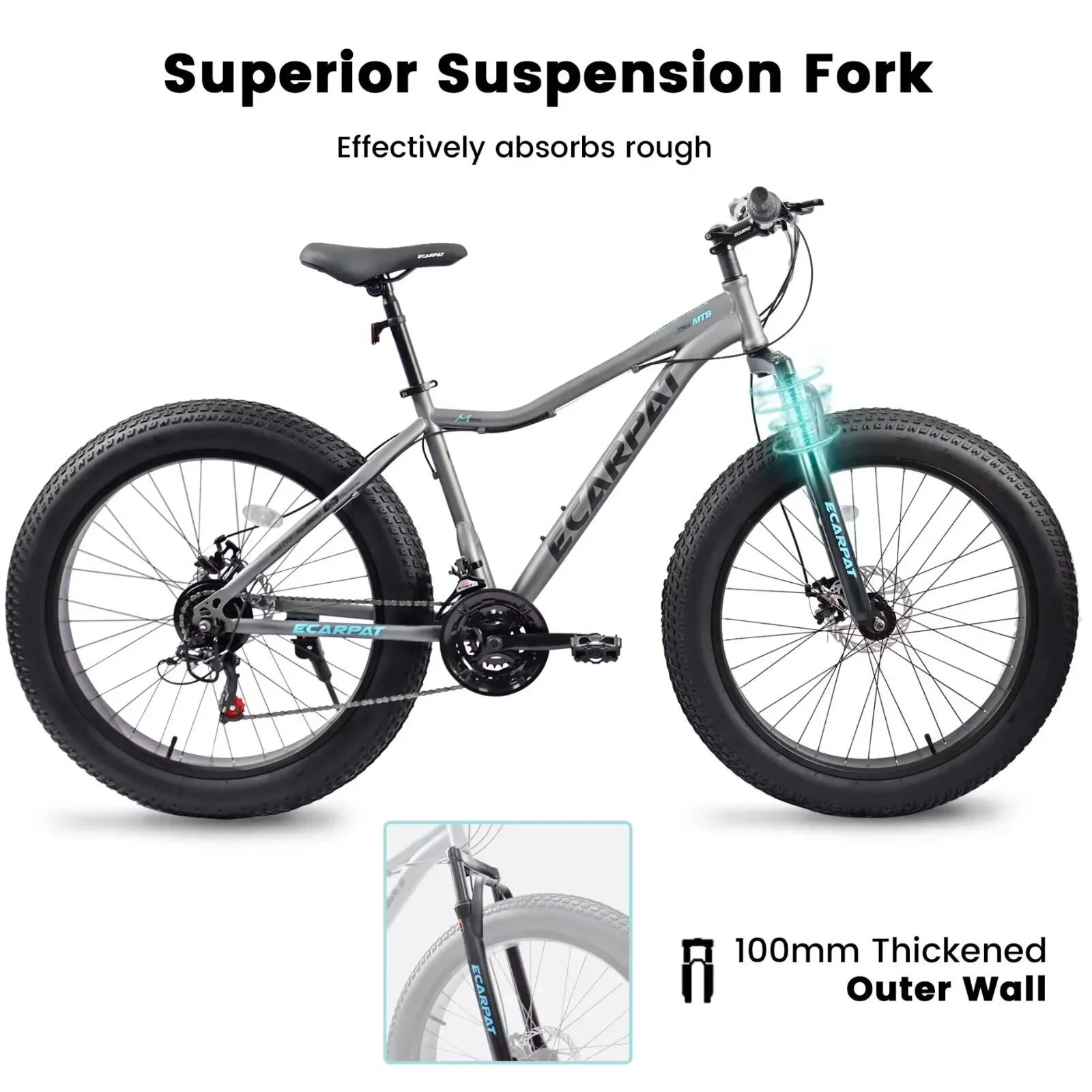 26 Inch Fat Tire Mountain Bike with Dual Disc Brakes, 4 Inch Non-Slip Wide Tires with 21 Speed, High Carbon Steel Frame, Mountain Bicycle for Men and Women, Front Suspension, Gray