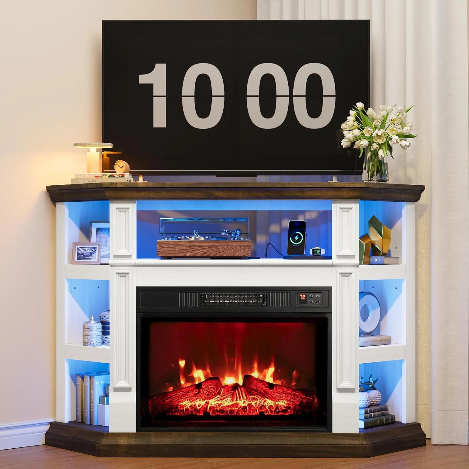 Naice 47" Corner Fireplace TV Stand for 55-Inch TVs with Storage, Brown