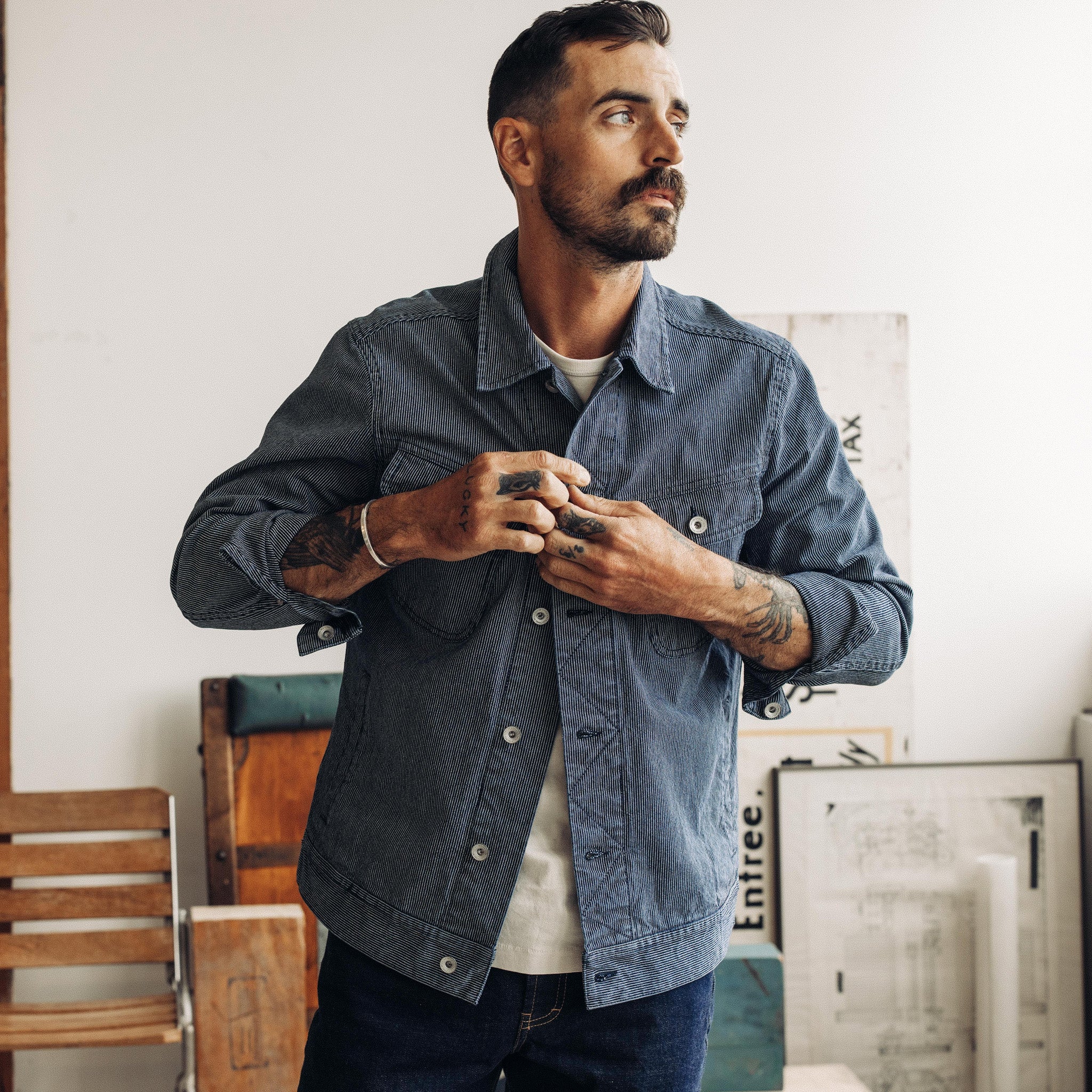 La veste Long Haul à rayures indigo délavées