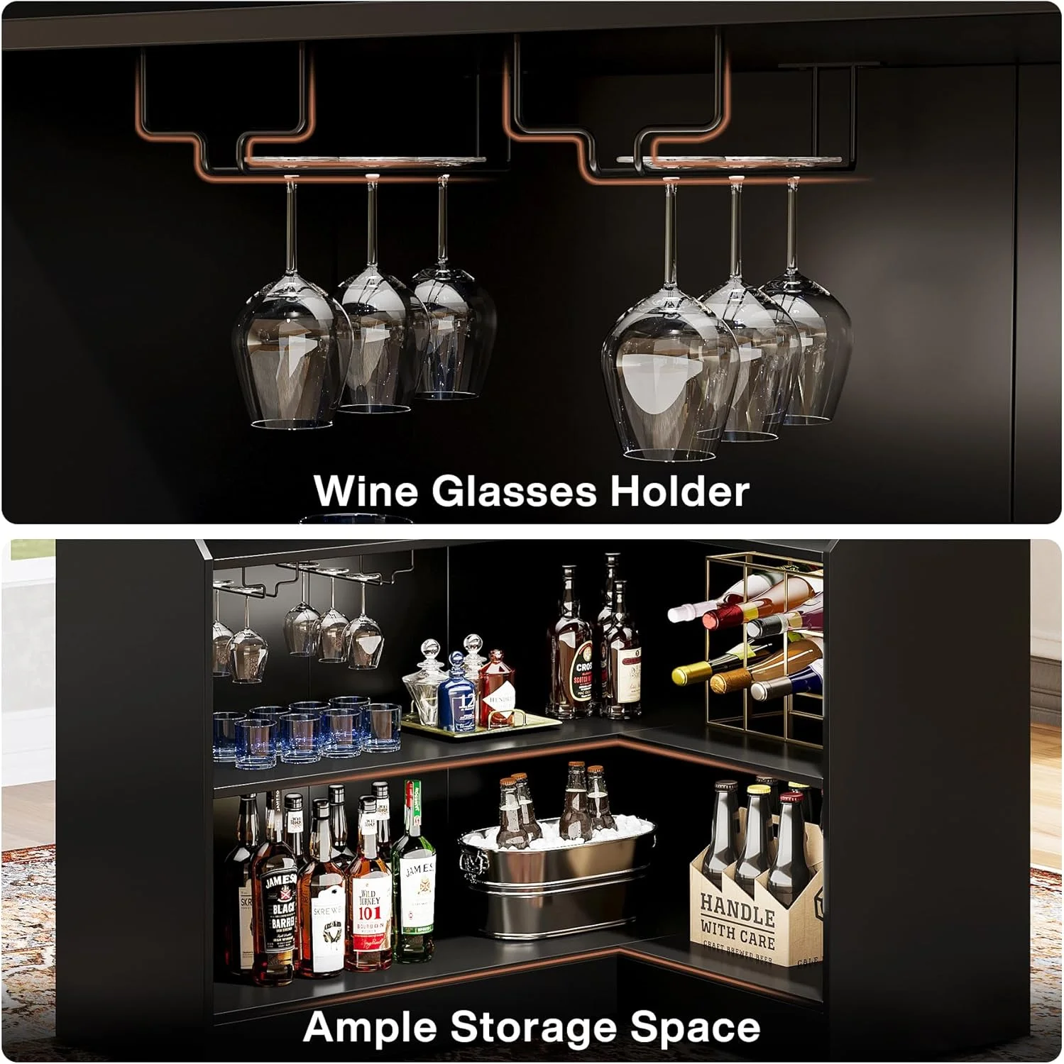 Bar Cabinet, L-Shaped Home Bar Table with Stemware Racks(Black) - Image 10
