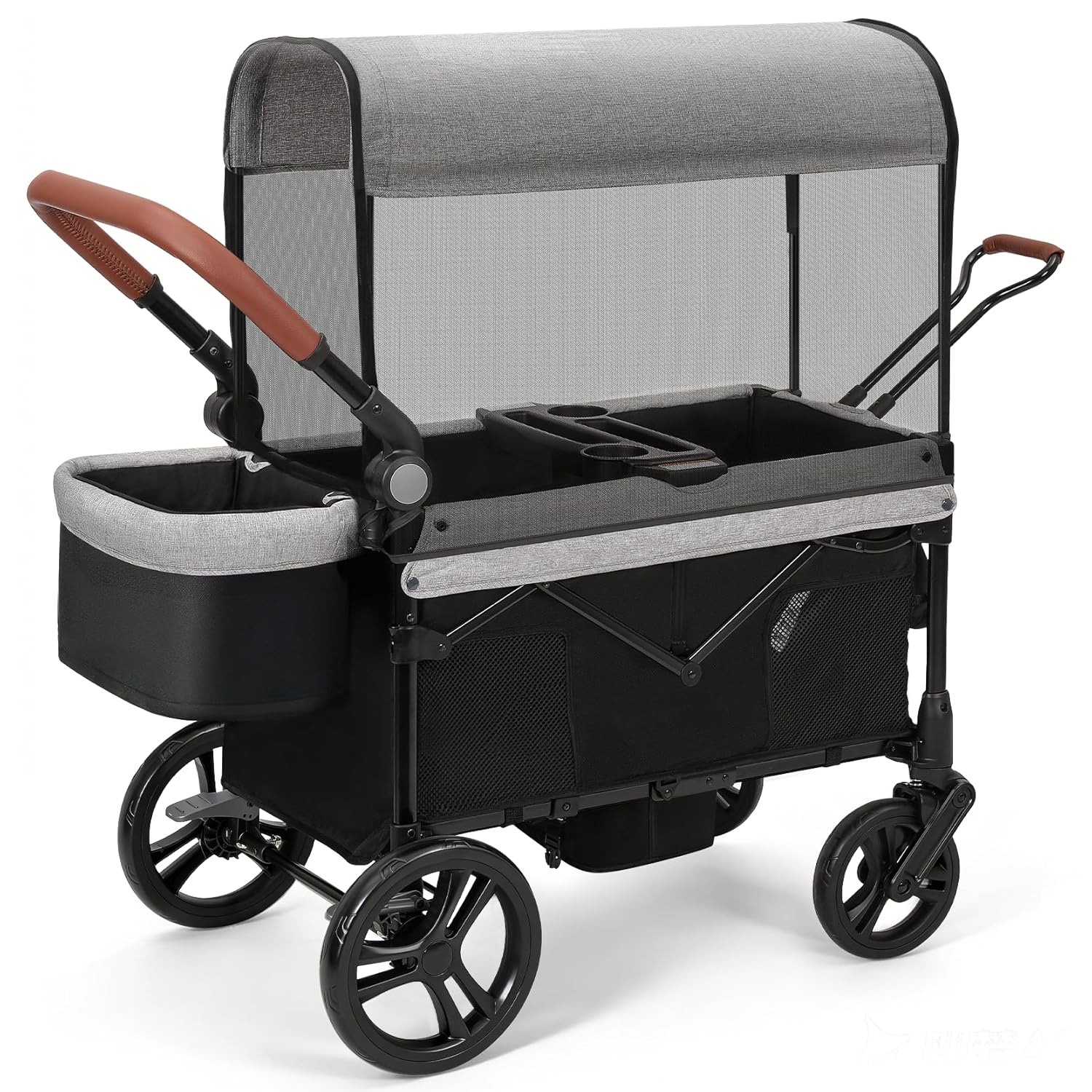 ELEMARA All-Terrain Stroller Wagon for 2 Kids, Foldable Kids Wagon Stroller Includes Removable Canopy, Mosquito Net, Adjustable Push & Pull Handle, Snack Tray & Cup Holders, Storage Basket, Grey+Black