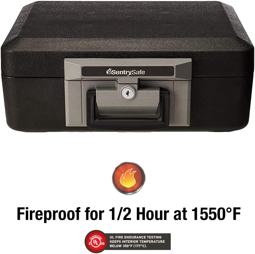 SentrySafe Fireproof Safe Box with Key Lock, Chest Safe with Carrying Handle to Secure Money, Jewelry, Documents, 0.25 Cubic Feet, 6.3 x 15.3 x 12.1 Inches, 1160