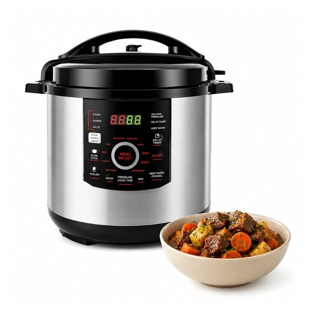 12-Quart Digital Electric Pressure Cooker with 15 Cooking Programs, Stainless Steel Housing, Tempered Glass Lid, Removable Inner Pot