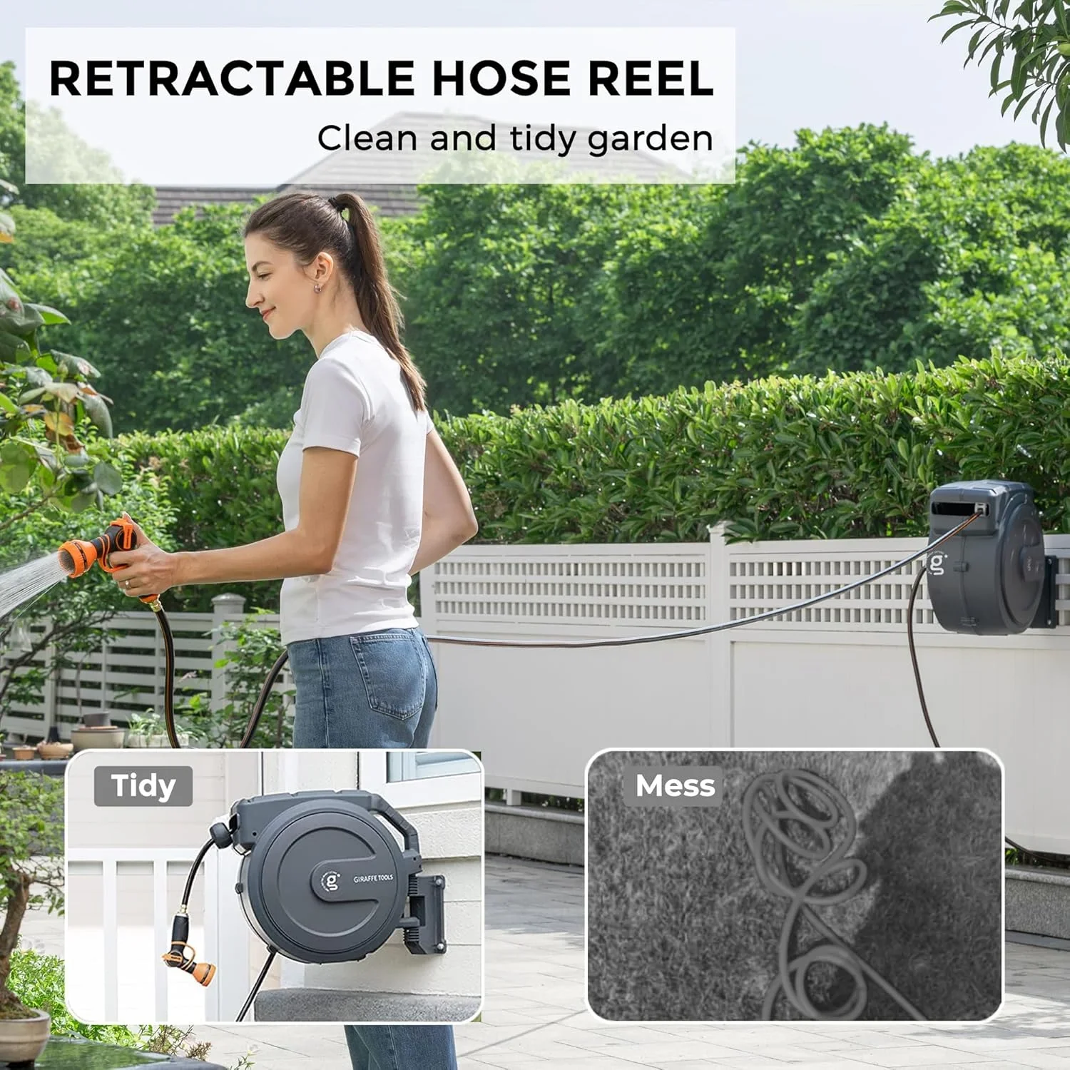 Giraffe Tools Retractable Garden Hose Reel with 1/2in-78ft Hose, Metal Bracket, Wall Mounted, Dark Grey