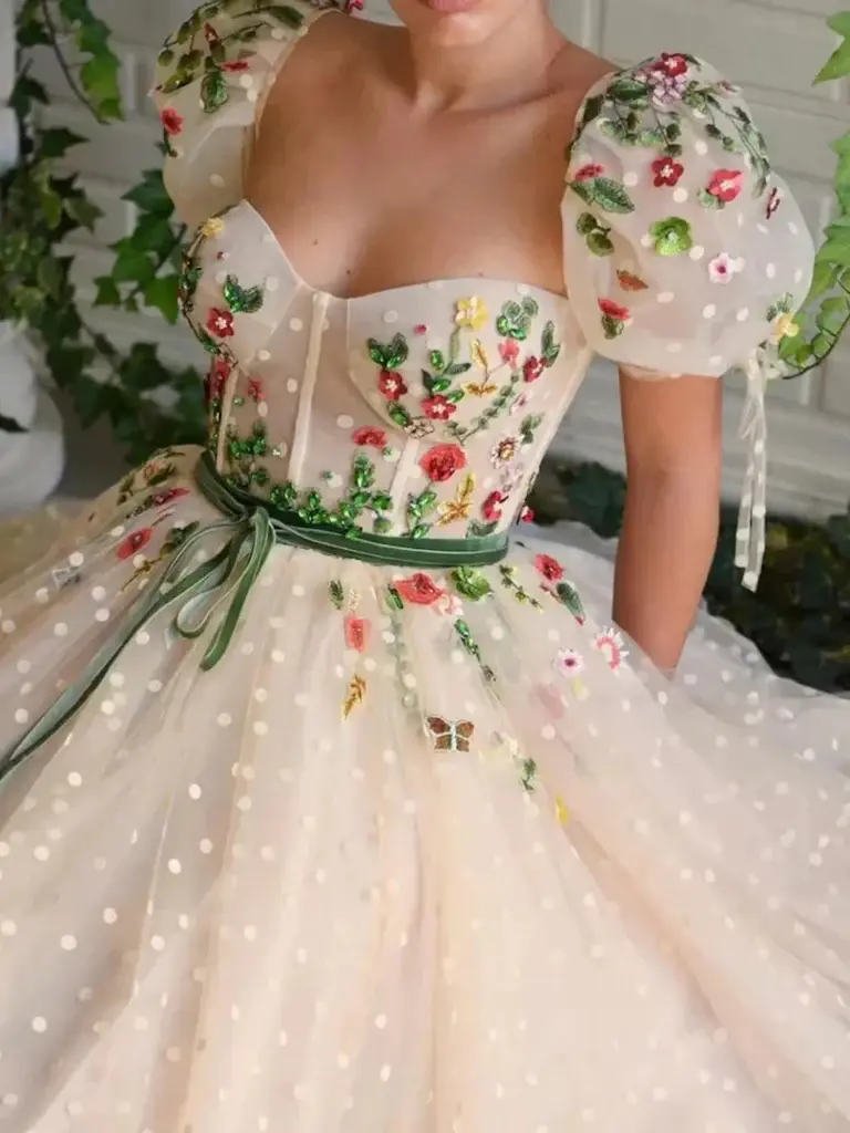 Cap Sleeves Floral Long Prom Dresses, Formal Graduation Evening Dresses With 3D Flowers DMP323