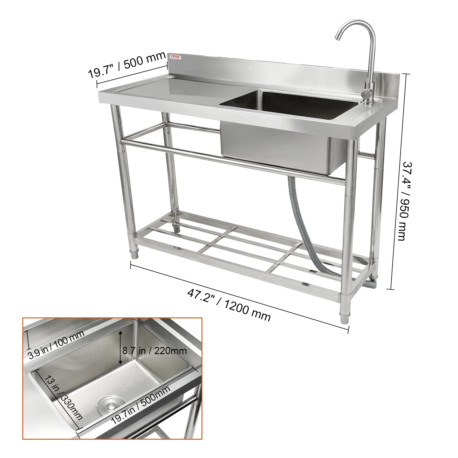 KFFKFF Commercial Utility & Prep Sink Single Bowl W/Workbench 47.2x19.7x37.4 in