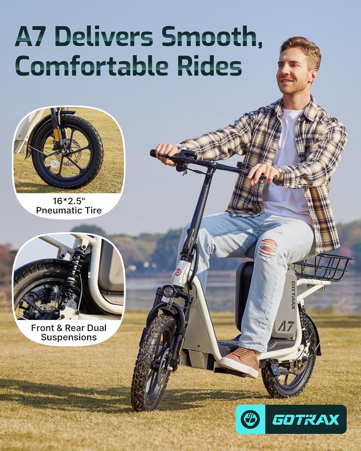Trottinette électrique Gotrax pour adultes avec siège, autonomie maximale de 30 à 40 km, pneus tout-terrain, larges pédales
