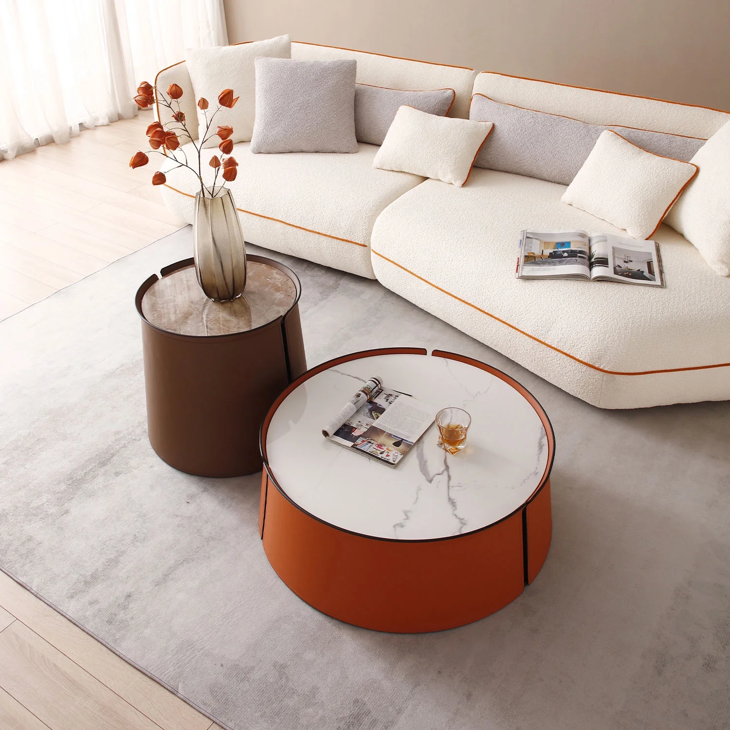 31.5inch Coffee Table, Marble Top+Orange Saddle Leather Body+Iron Frame(Orange) - Image 3