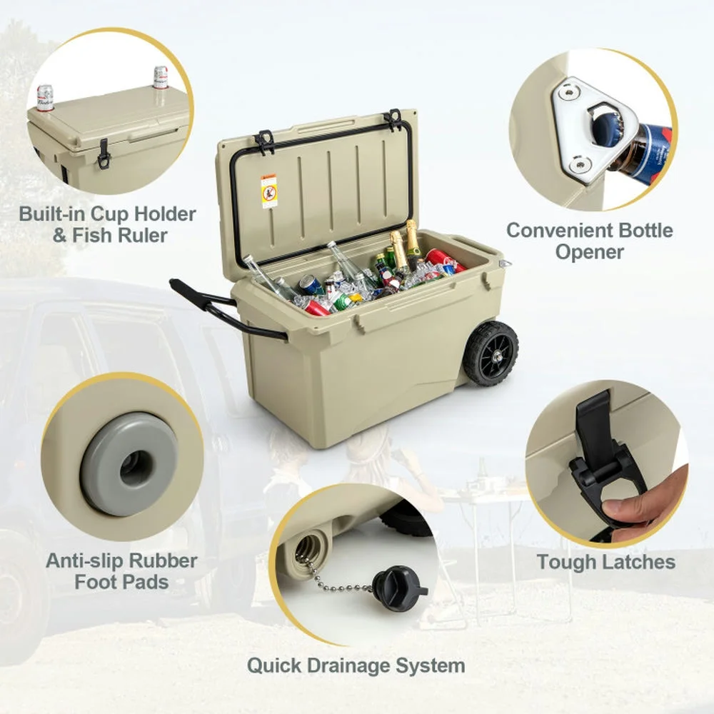 Refrigerator Freezer, Fridge,75 Quart Portable Cooler Rotomolded Ice Chest with Handles and Wheels-Tan - Image 5