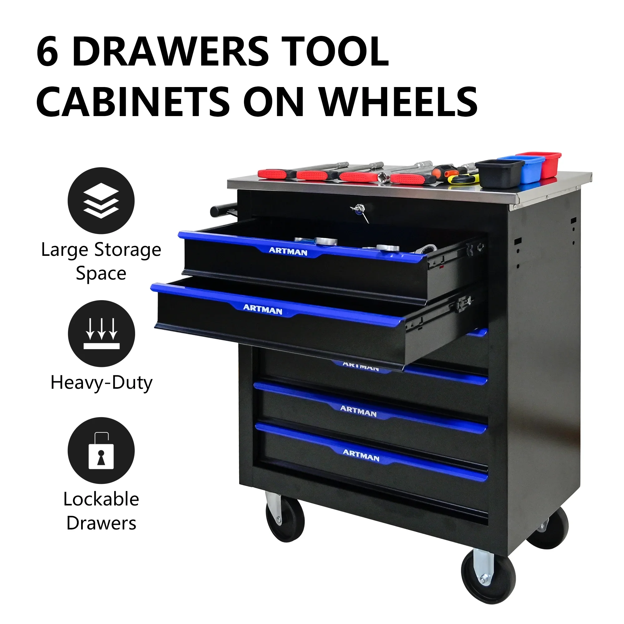 Tool Chest, 6-Drawer Rolling Tool Storage Cabinet with Wheels, Detachable Lockable Tool Box, Metal Tool Cart for Garage Workshop, Black Blue