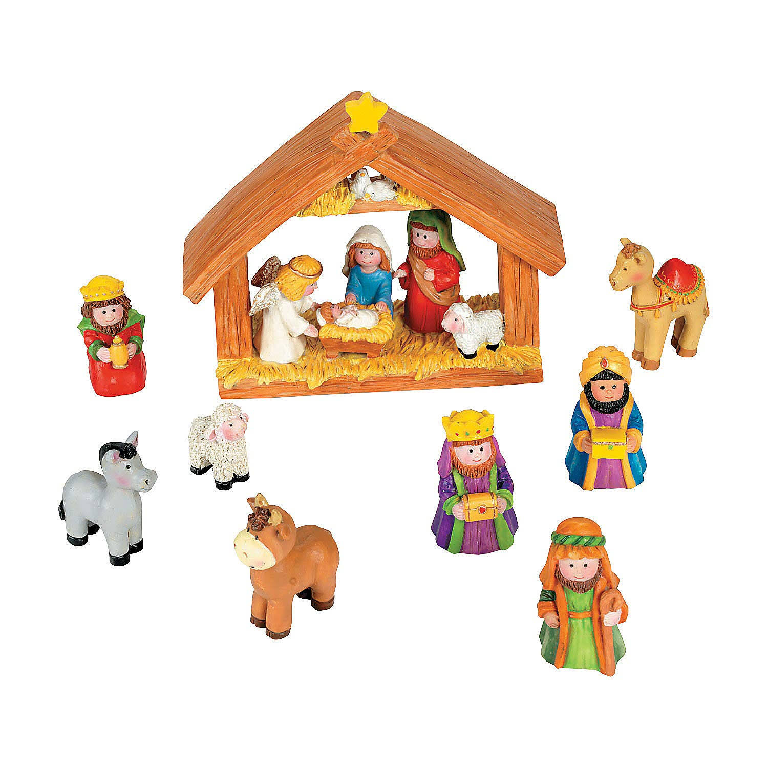 Fun Express Mini Christmas Nativity Set Stable with Jesus Mary Joseph Wisemen - 9 Pieces