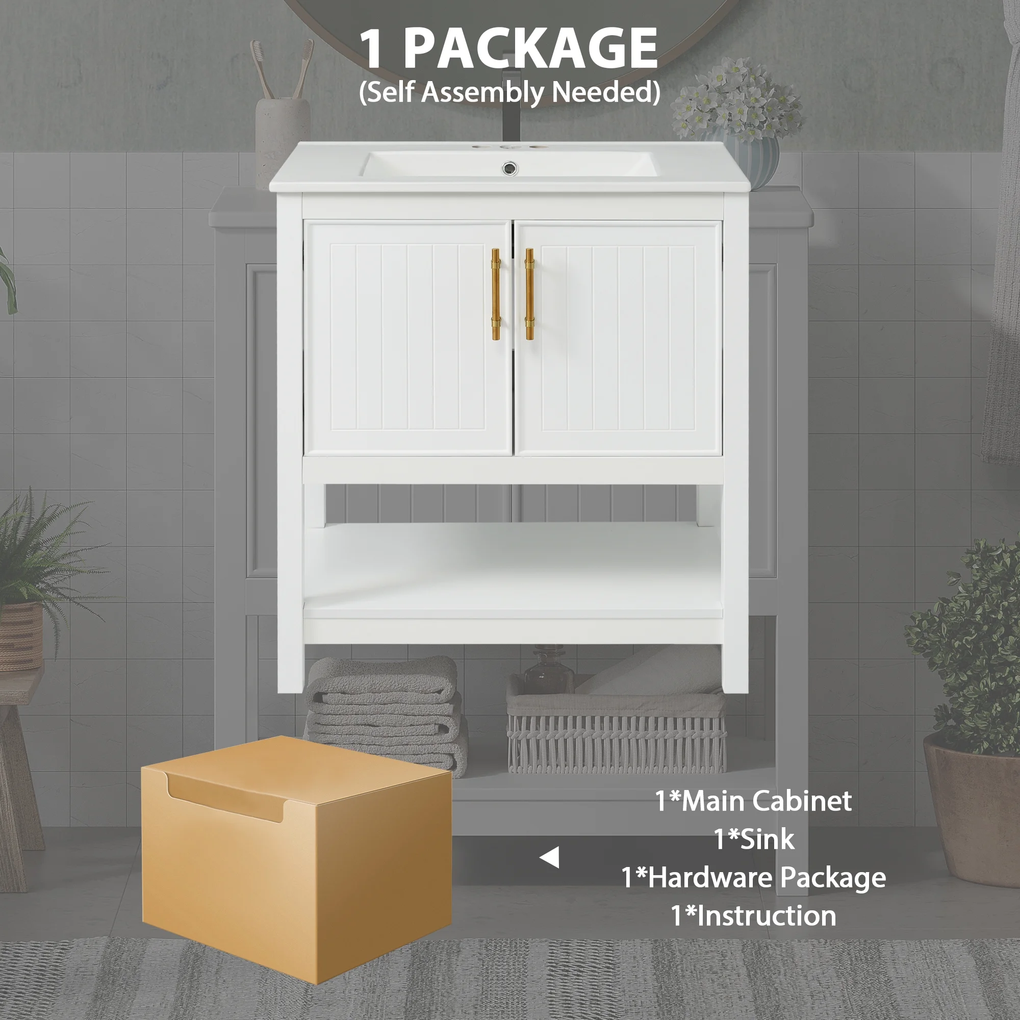30-Inch White Bathroom Vanity with Ceramic Sink and Versatile Storage Ideal for Small Bathrooms, White(White) - Image 8