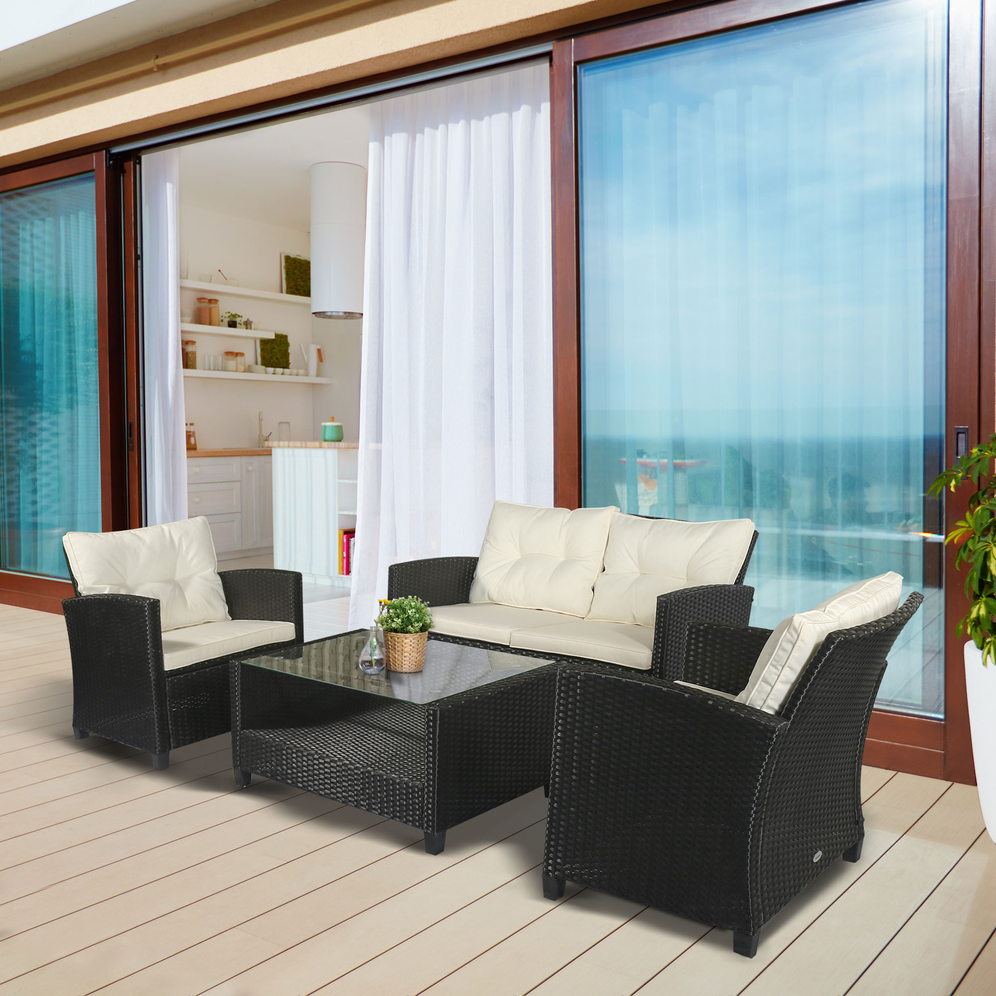 Outsunny poly-rotan zitset 4-delig Zitgroep tuinmeubel set lounge metaal zwart