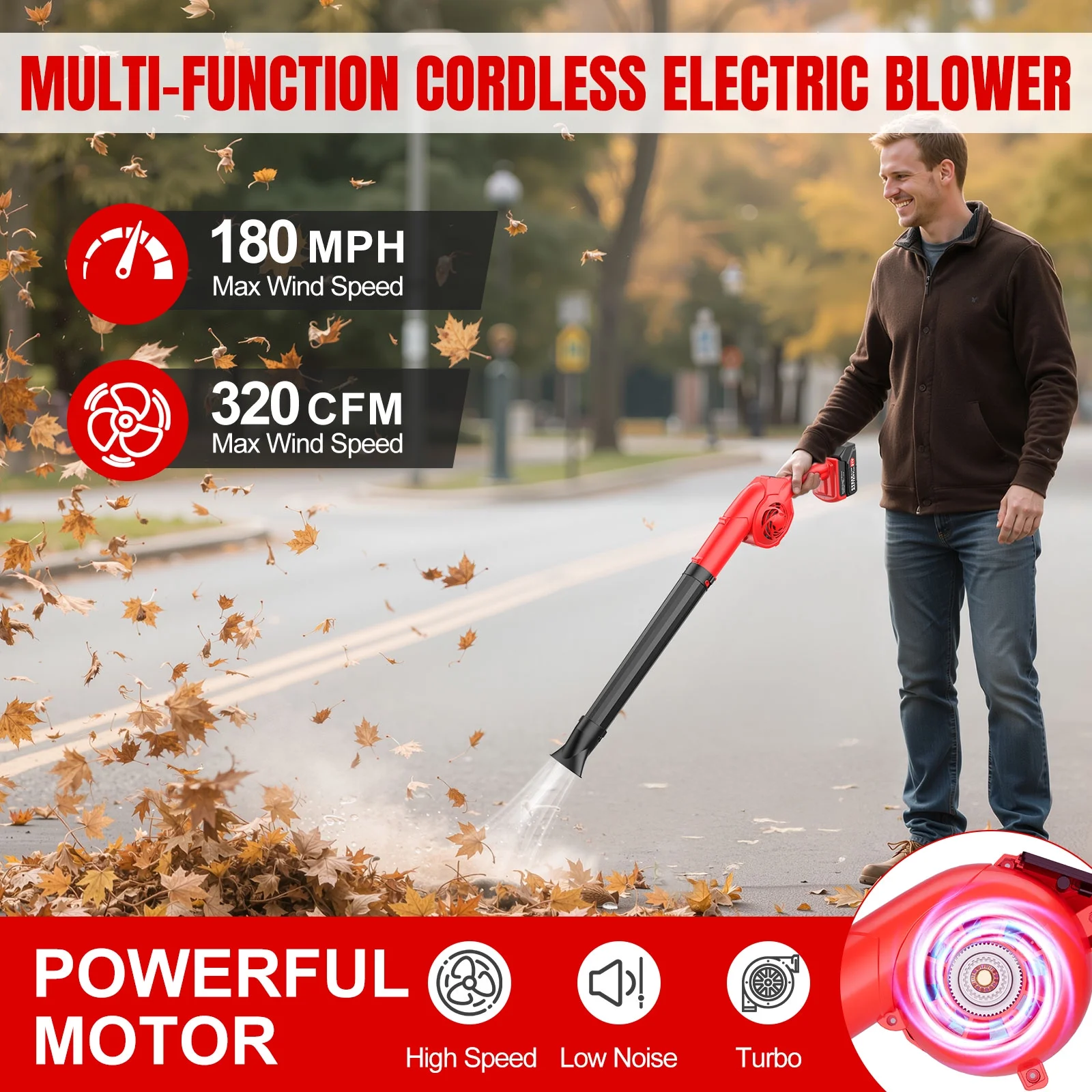 Tanbaby 21V Cordless Leaf Blower, 320CFM Electric Leaf Blowers, 3 Speed Mode, 330W 180MPH with 2x 2.5Ah Batteries, Lightweight Powered Blowers for Leaf/Snow/Dust Blowing(2 Amps)