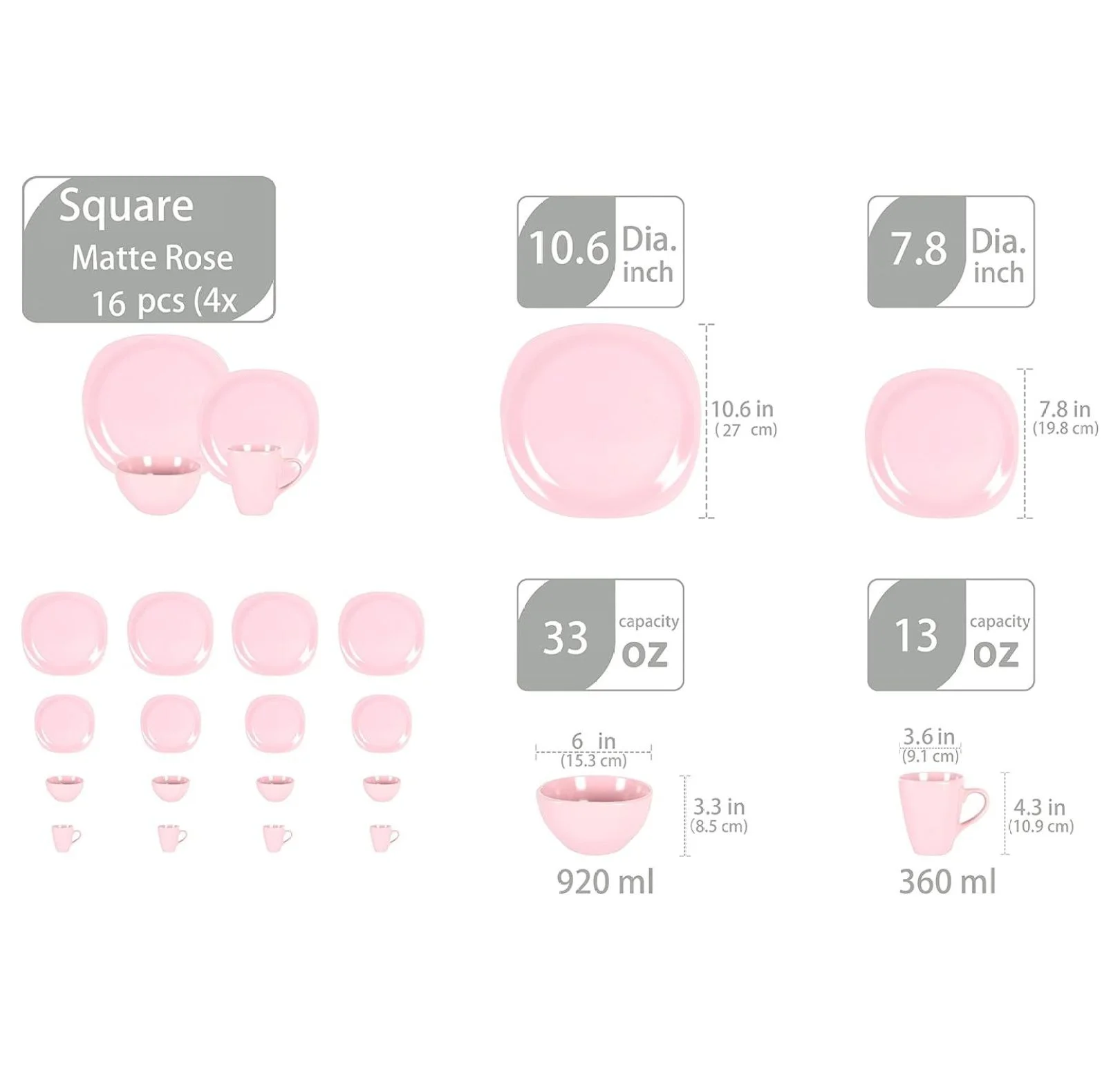 Stoneware Square 16pc Dinnerware Set, Matte Rosé