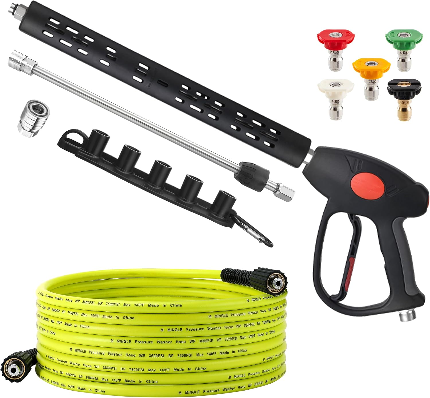 M MINGLE Pressure Washer Hose and Gun Kit, 25FT Power Wash Hose with 5 Tips