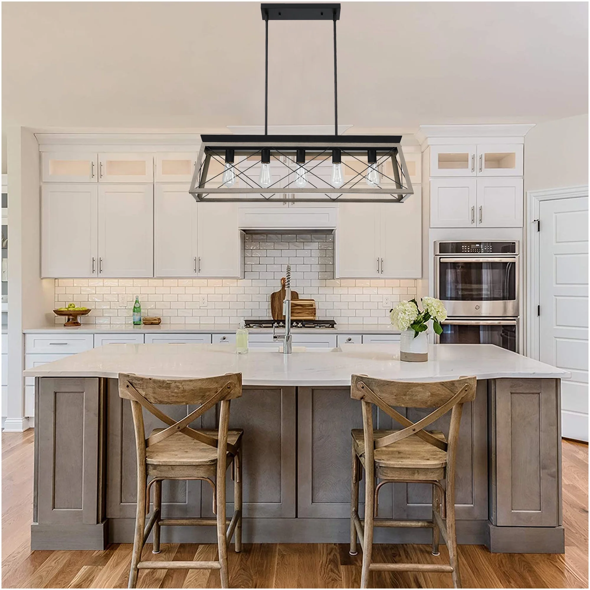 5-Light Farmhouse Matte Black Chandelier Industrial Pendant Lighting for Kitchen Island for Dining Room, Living Room