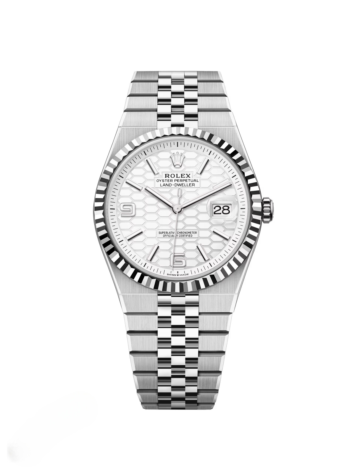 【Super Clone】RLX Land-Dweller 127334-0001 White Honeycomb Dial White Rolesor Jubilee Bracelet 40mm