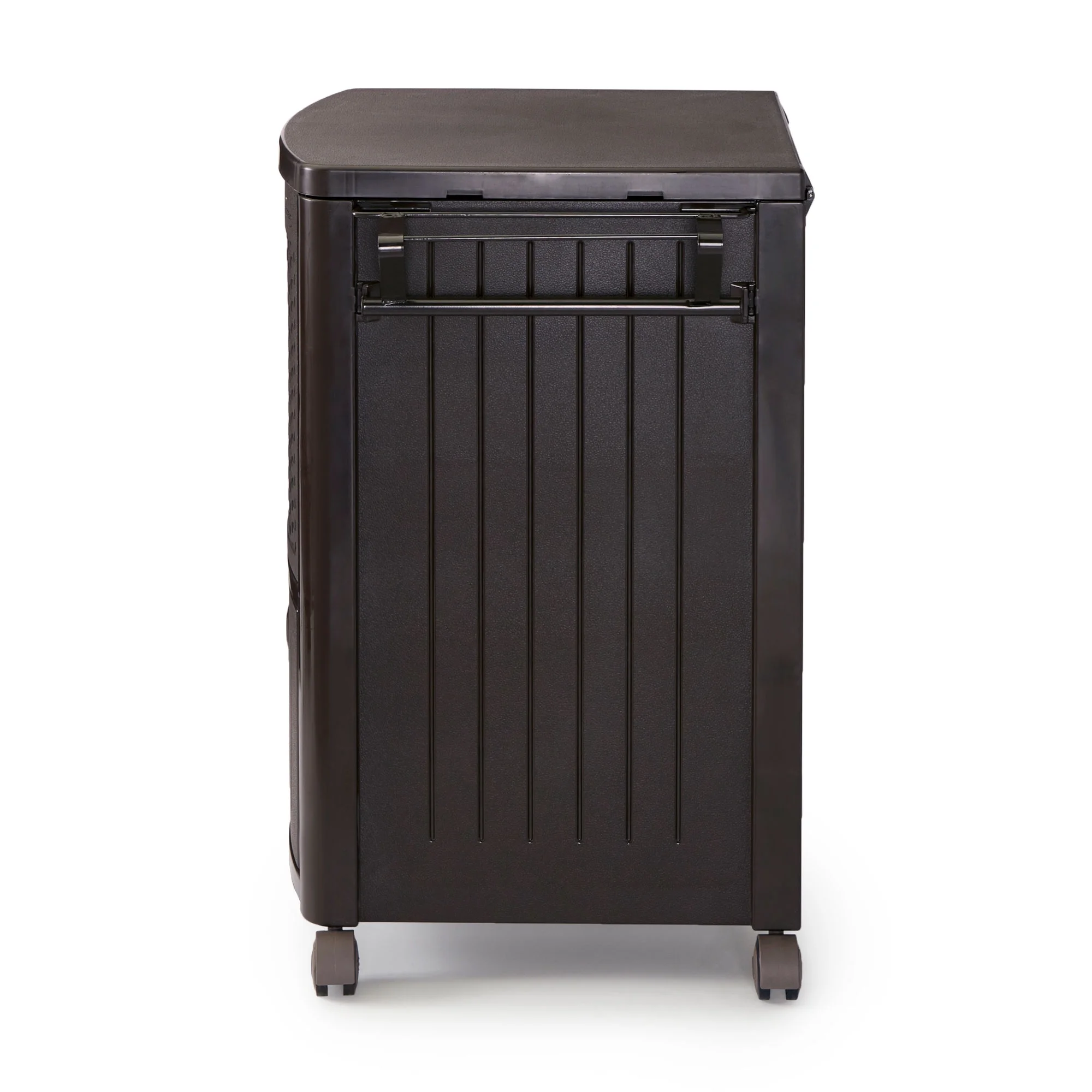 Suncast 77 Quart Patio Cooler W/ Cabinet and Basket W/ Wicker Trash Hideaway