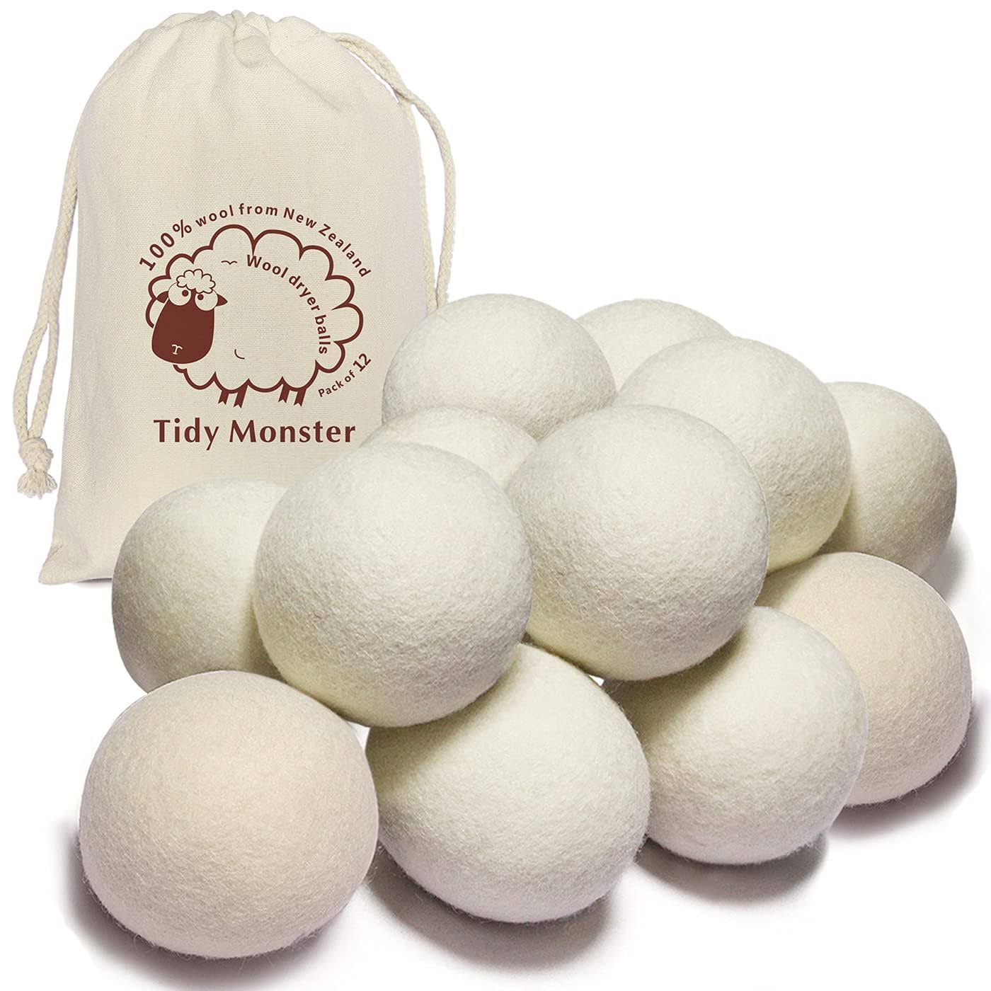 Tidy Monster 12 Pack All Natural Organic Wool Dryer Balls XL Size - Reusable Chemical Free Natural Fabric Softener, Anti Static, Reduces Clothing