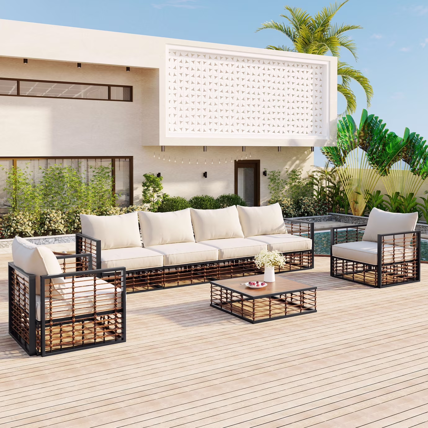 7 Pieces Metal Patio Sectional Furniture Set , Modern Minimalist Rattan Sofa Set with Thick Cushions and Coffee Table, All Weather Outdoor Patio Conversation Sets for Garden, Poolside, Backyard, Gray(Gray)