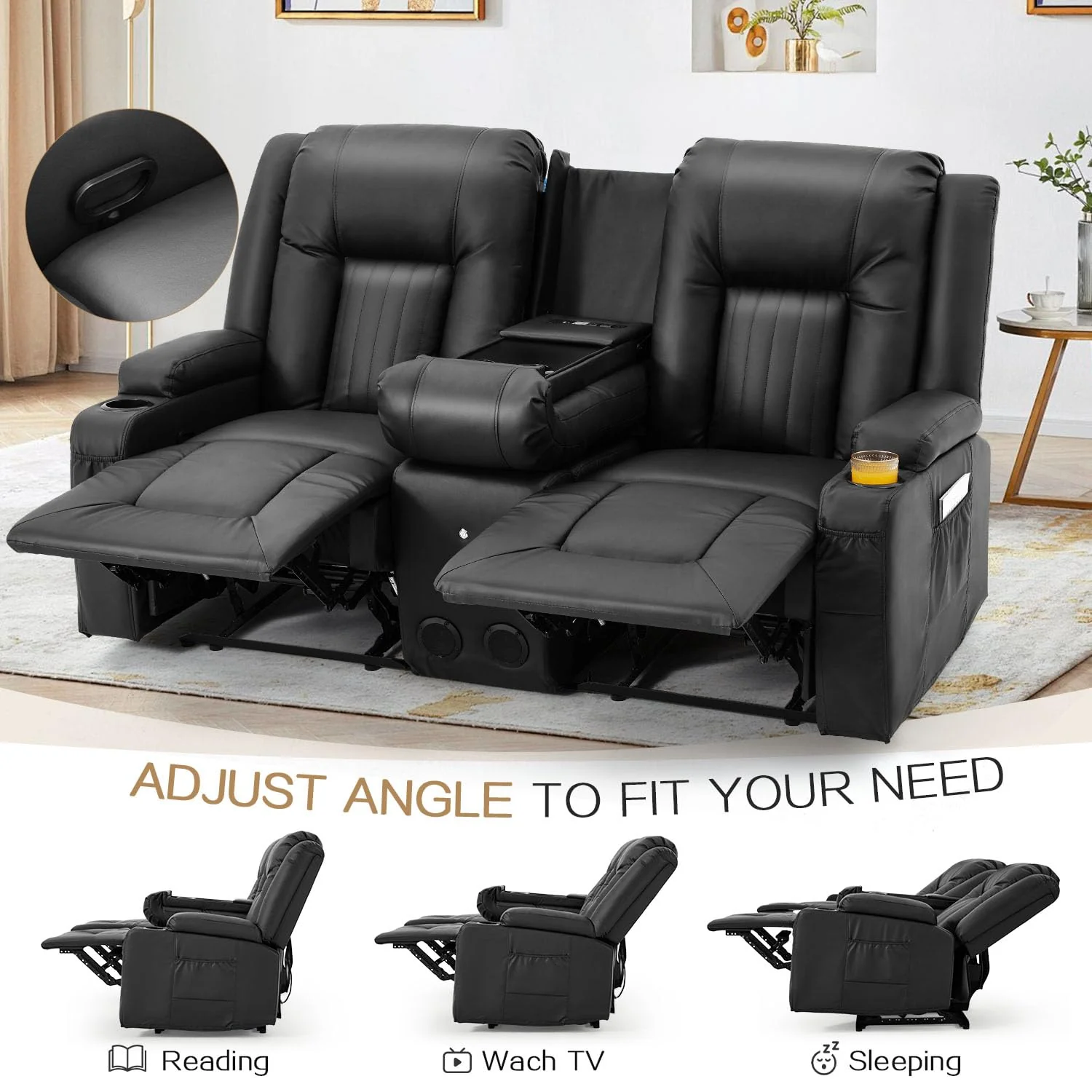 AECOJOY Recliner Loveseat with Console&Bluetooth Speakers, Manual RV Reclining Sofa, Black