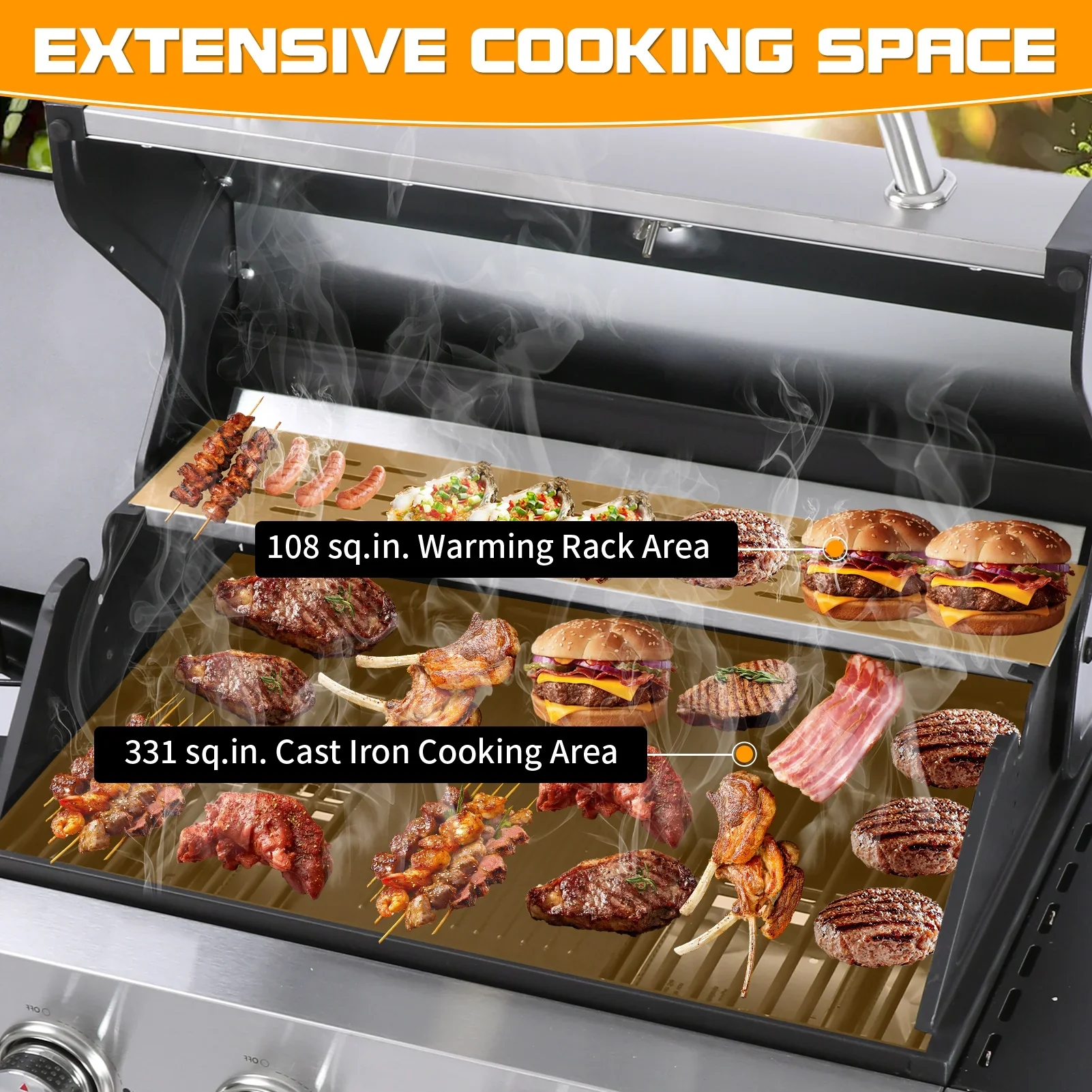 CIG GARDEN 4 Burner Propane Gas Grill with Side Burner, Double-layer Stainless Steel BBQ Grill Lid with Cast Iron Grates and Thermometer, Outdoor Barbecue Grill with 52,000 BTU Output