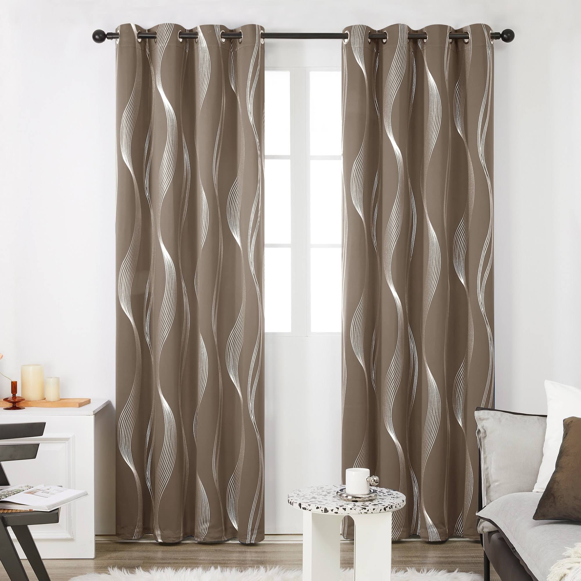 Deconovo Blackout Curtains, Wave Foil Print Room Darkening Thermal Insulated Grommet Window Curtains for Kids Room, 52 by 63 inch, 2 Panels, Khaki