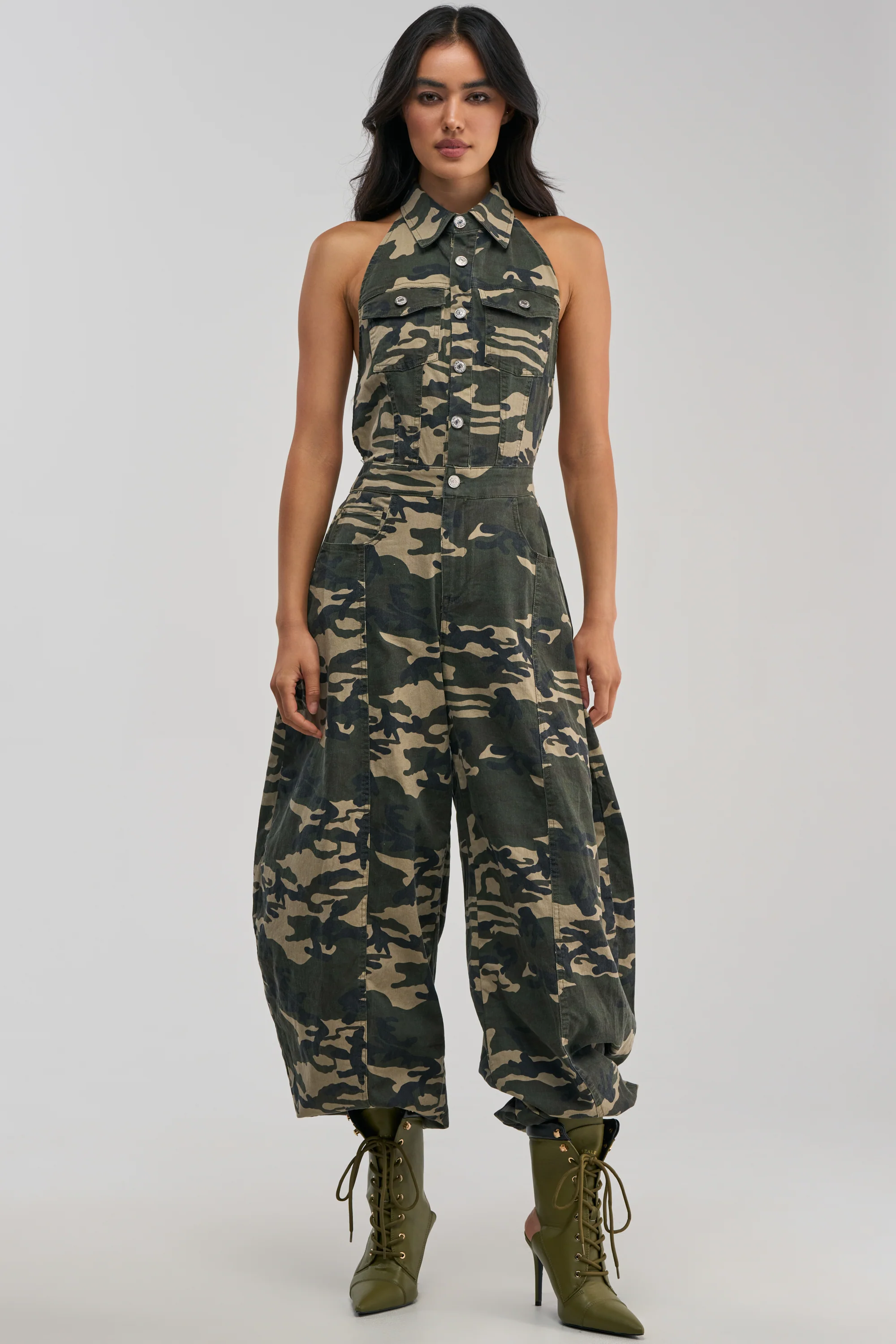 COUNT ME IN CAMO HALTER JUMPSUIT - Akira Store