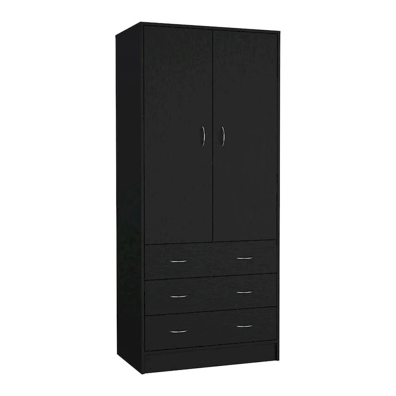 19 Modern Double-door Armoire with 3 Drawers and 1 Hanging Rod for Bedroom