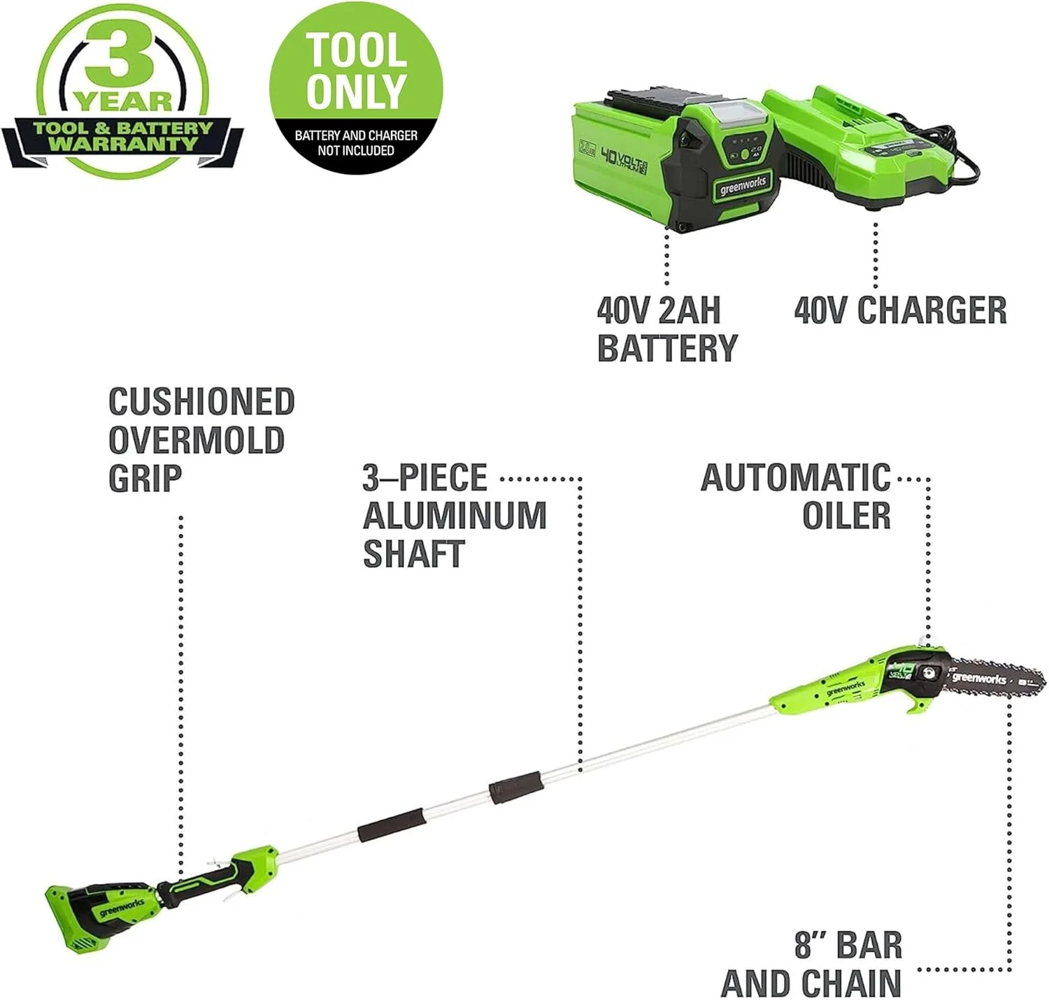 8-Inch 40V Cordless Polesaw, Battery and Charger Not Included - Image 2