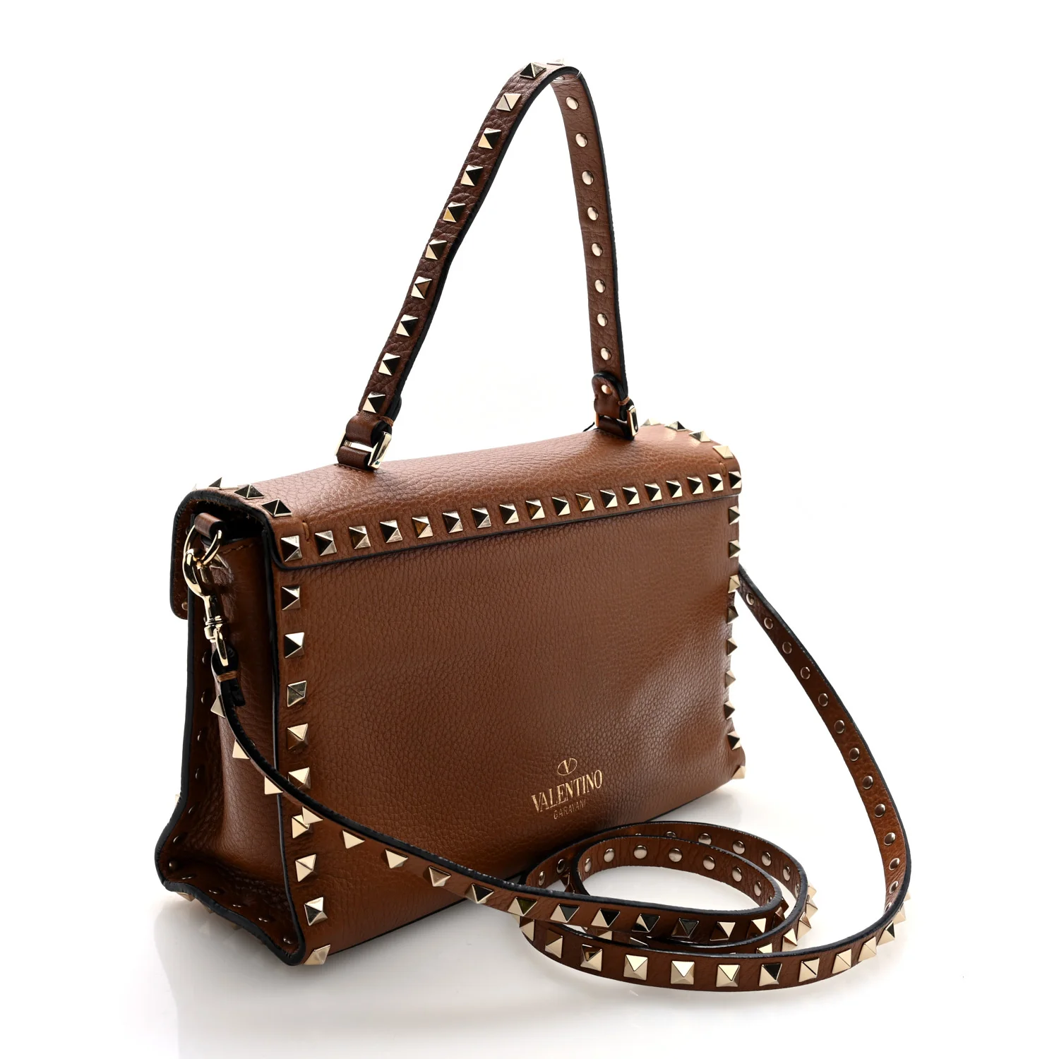 Pebbled Calfskin Rockstud Flip Lock Top Handle Bag Cognac