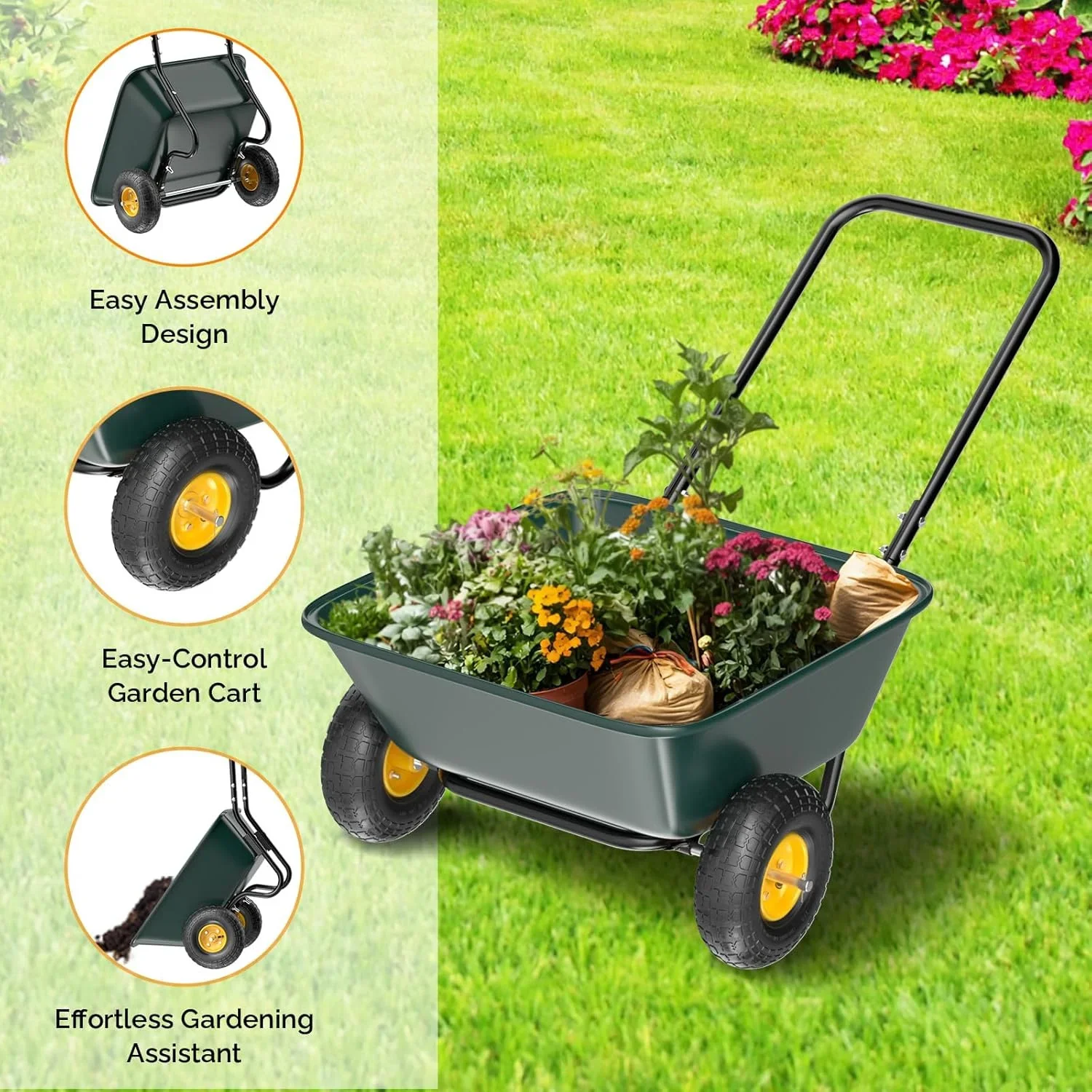 2 Wheel Wheelbarrow, Plastic and Steel Wheel Barrel, 300lbs Capacity Garden Cart for Lawn, Gardening, Construction