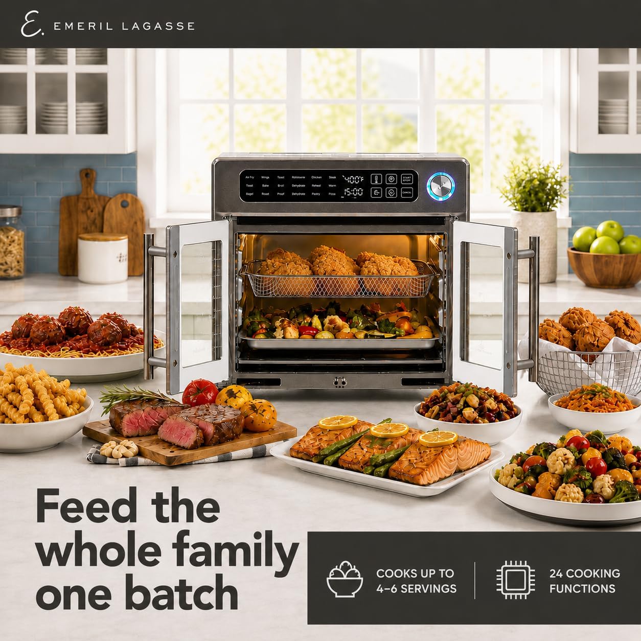 Emeril Lagasse 26QT French Door Multi-Function Air Fryer Toaster Oven| 26QT air fryer oven with French doors, 24 cooking functions, dual-speed fan and rotisserie for easy family meals